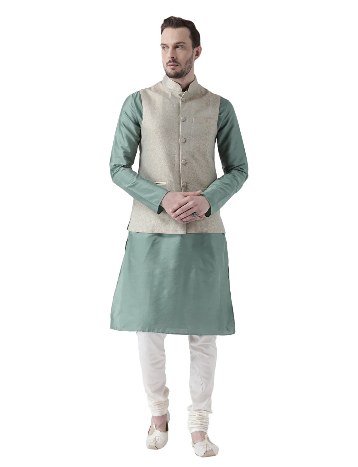 Men's Beige Kurta Jacket Pyjama Set