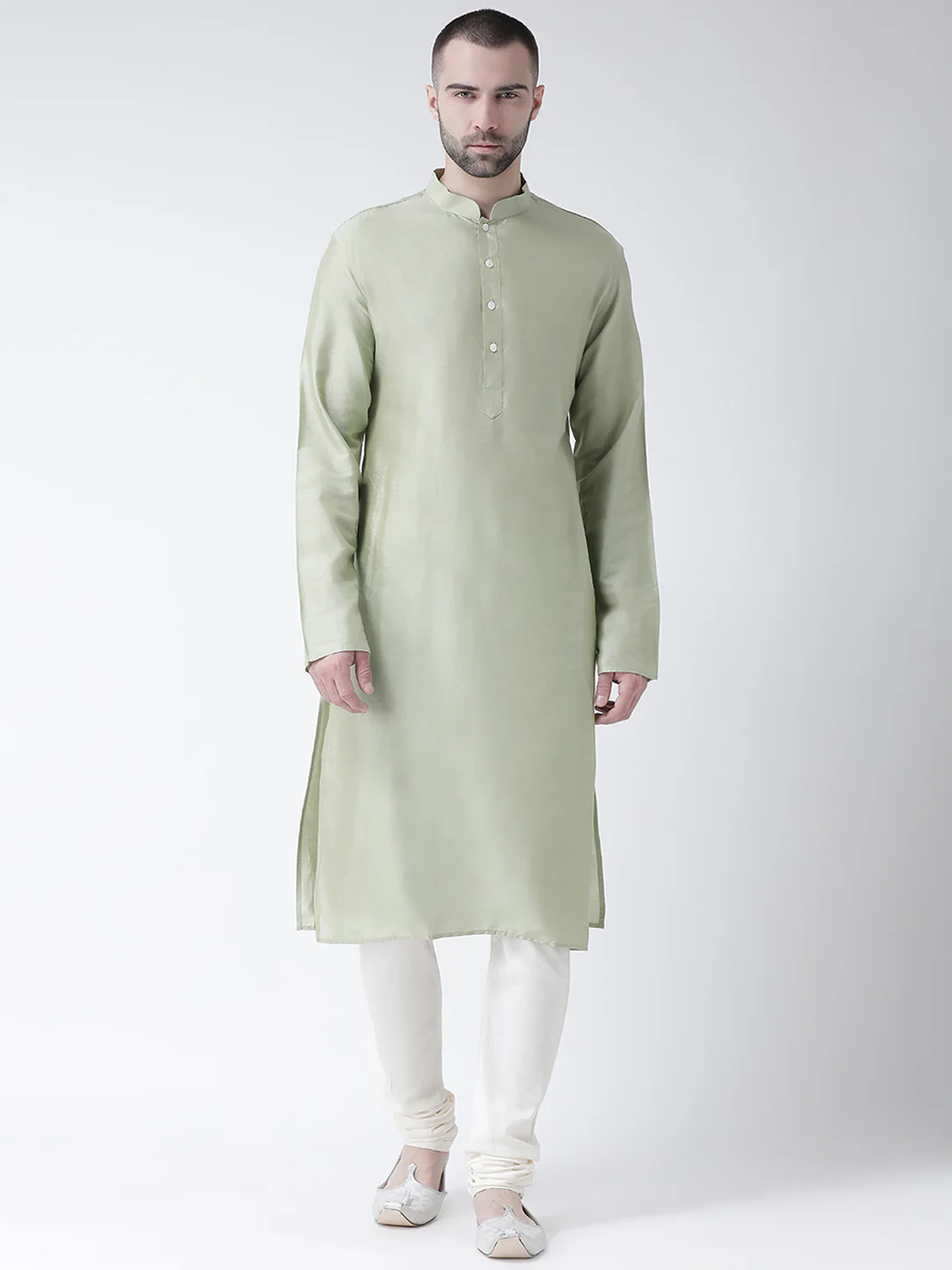 Light Green Silk Blend Kurta Set with Minimalistic Design and Cream Churidar – Festive & Wedding Ensemble
