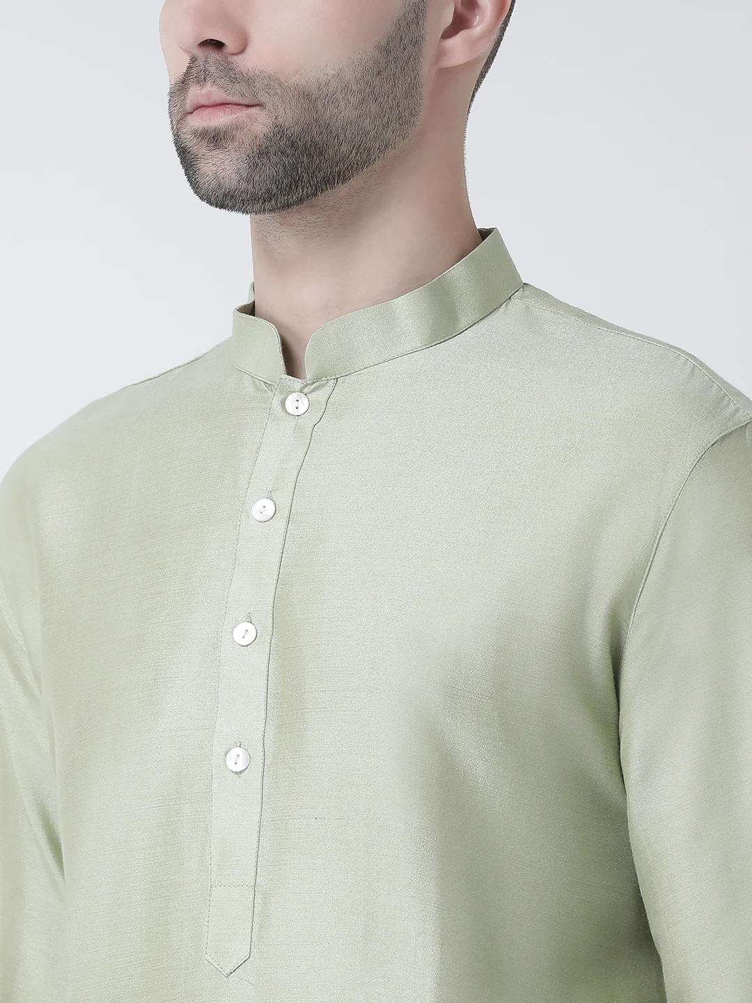 Light Green Silk Blend Kurta Set with Minimalistic Design and Cream Churidar – Festive & Wedding Ensemble - Image 4