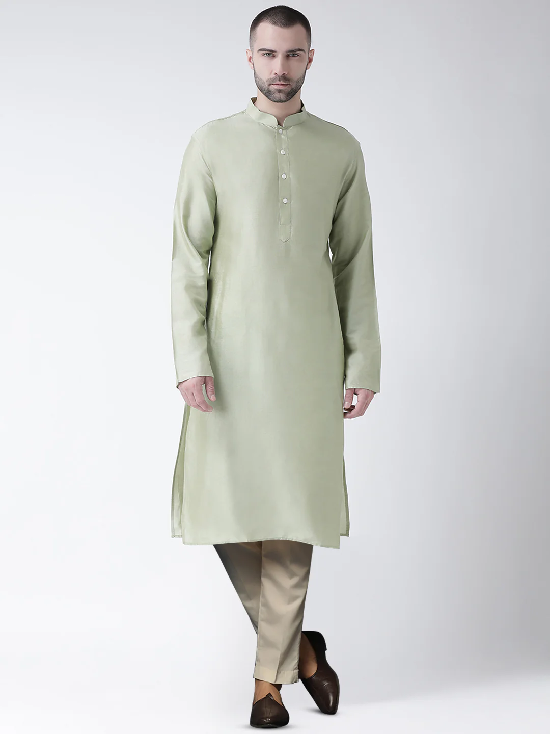 Light Green Silk Blend Kurta Set with Minimalistic Finish and Cream Trousers