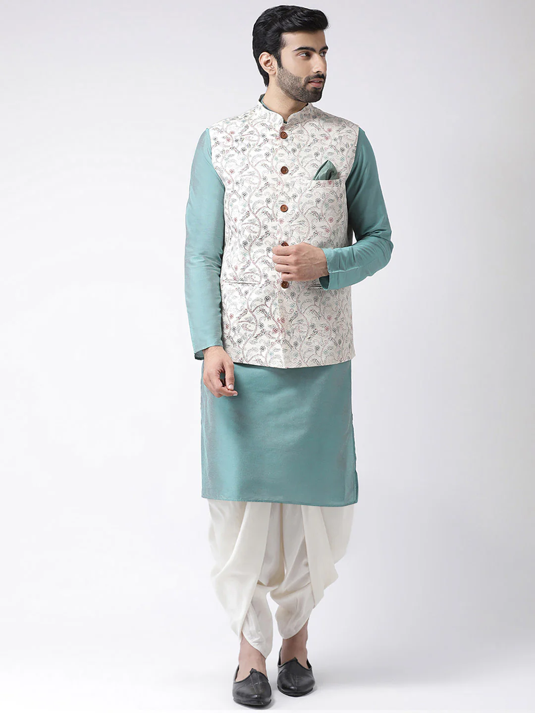 Aqua Blue Silk Blend Kurta Jacket Dhoti Set