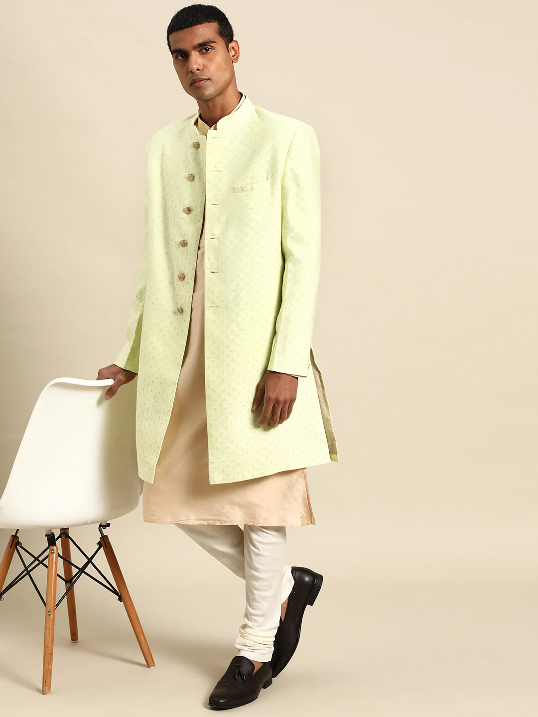 Kisah Men's Lime Indowestern Set With Kurta and Churidar