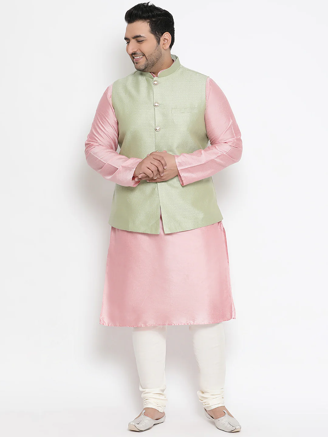 Men's Green Kurta Churidar Jacket Set