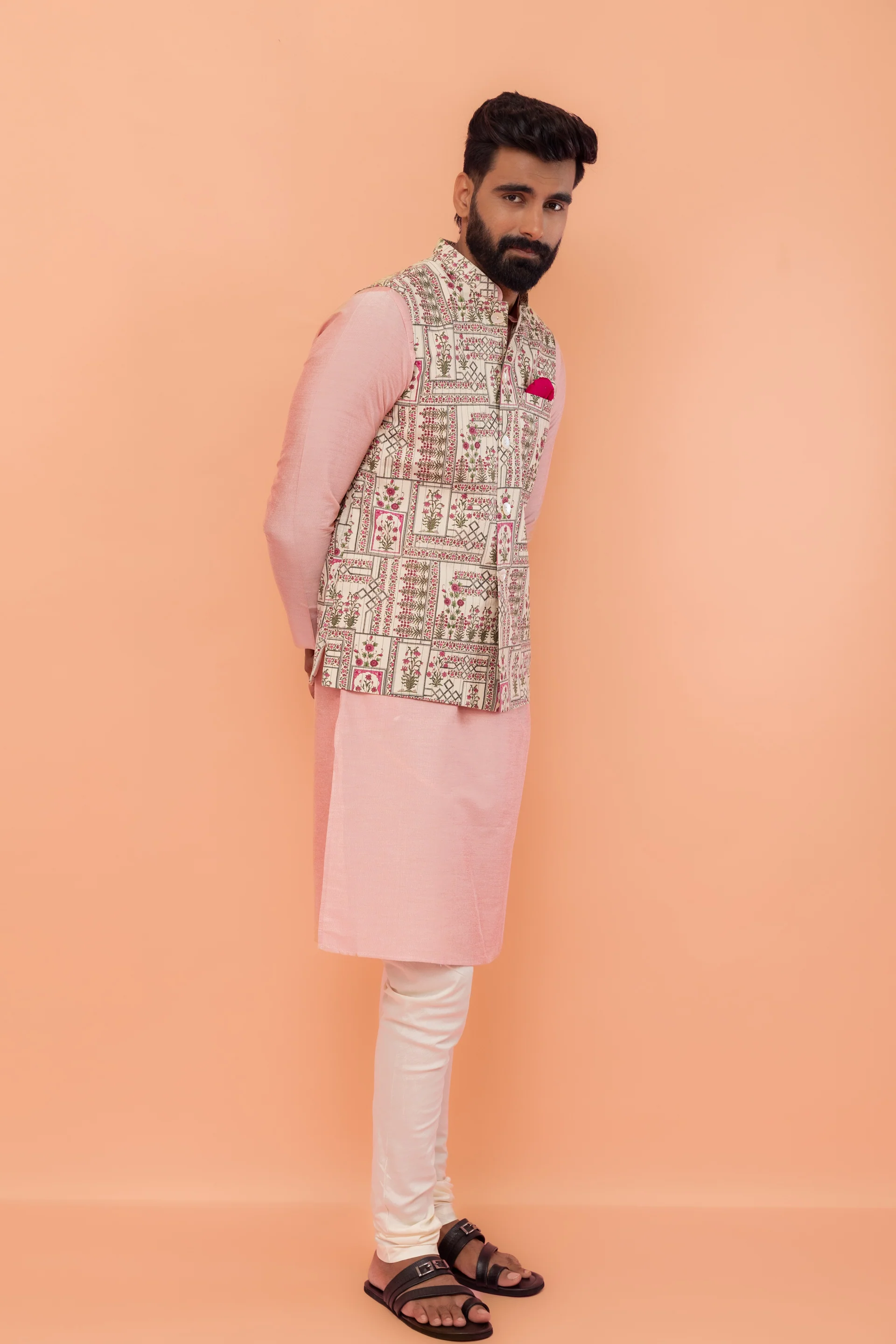 Pink Cotton Silk Kurta with White Printed Nehru Jacket Churidar - Image 3