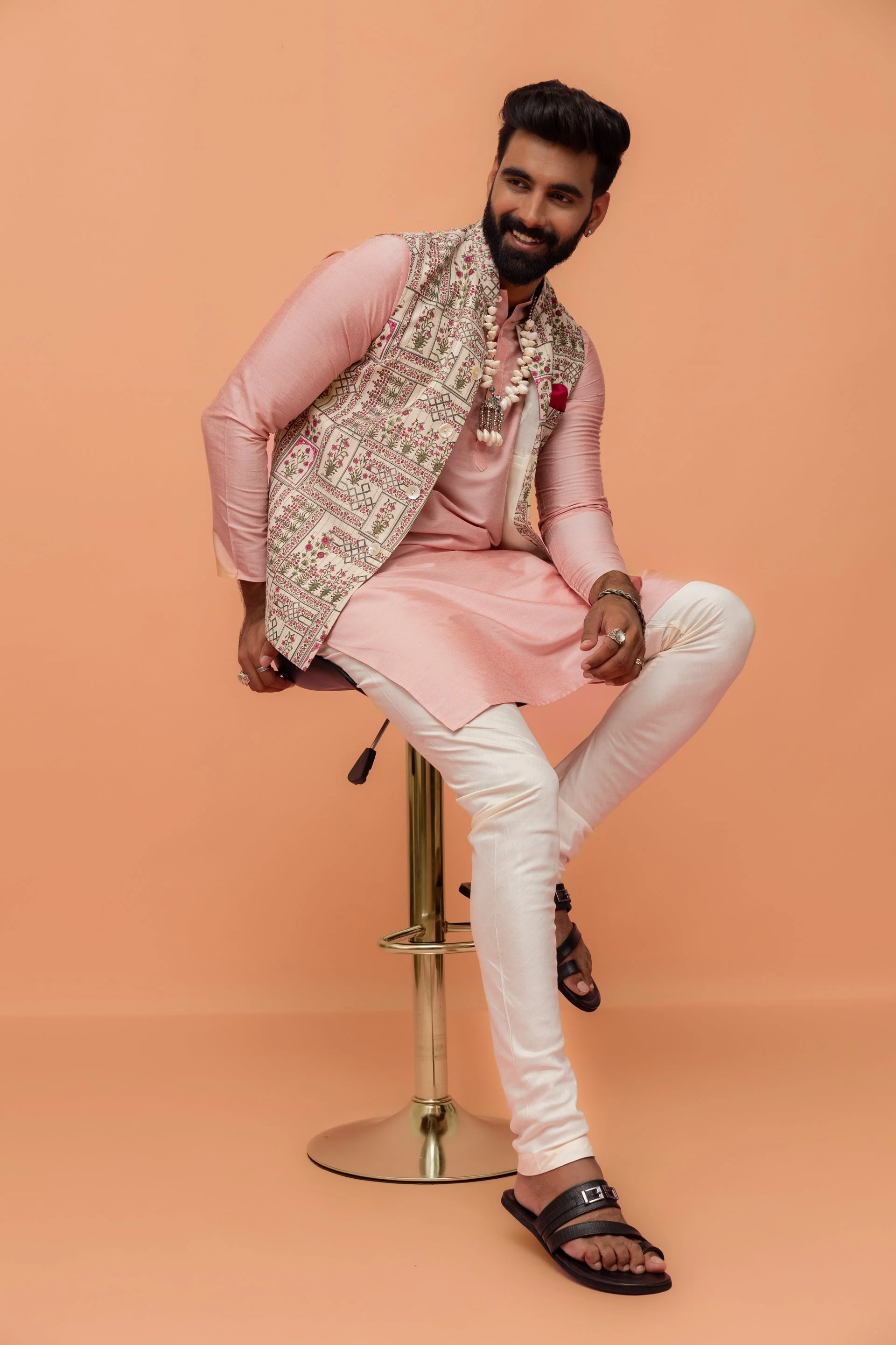 Pink Cotton Silk Kurta with White Printed Nehru Jacket Churidar - Image 9