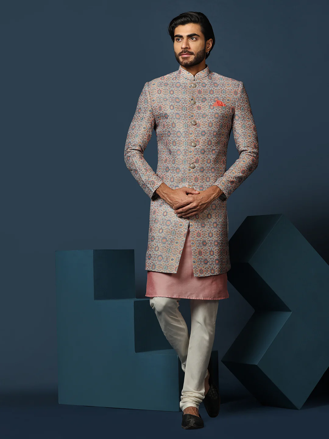 Pastel Cotton Silk Printed Sherwani Kurta Churidar Set