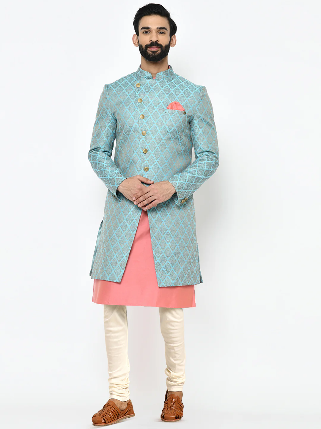 Men's Blue Indowestern Set With Kurta and Churidar