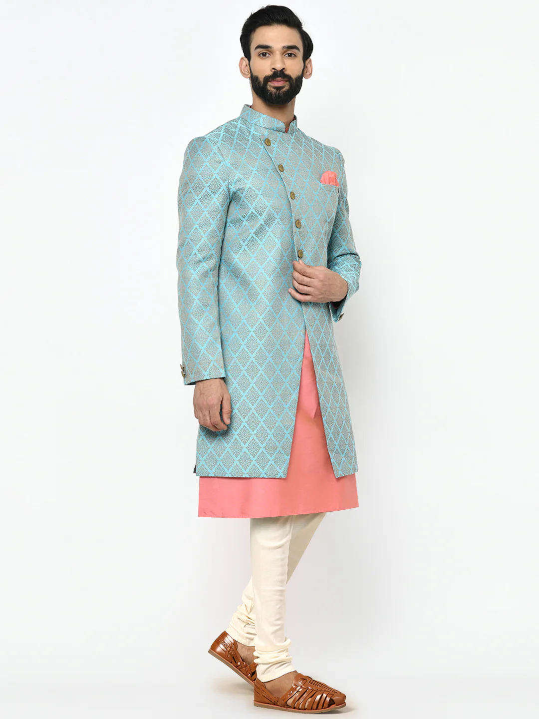 Men's Blue Indowestern Set With Kurta and Churidar - Image 2