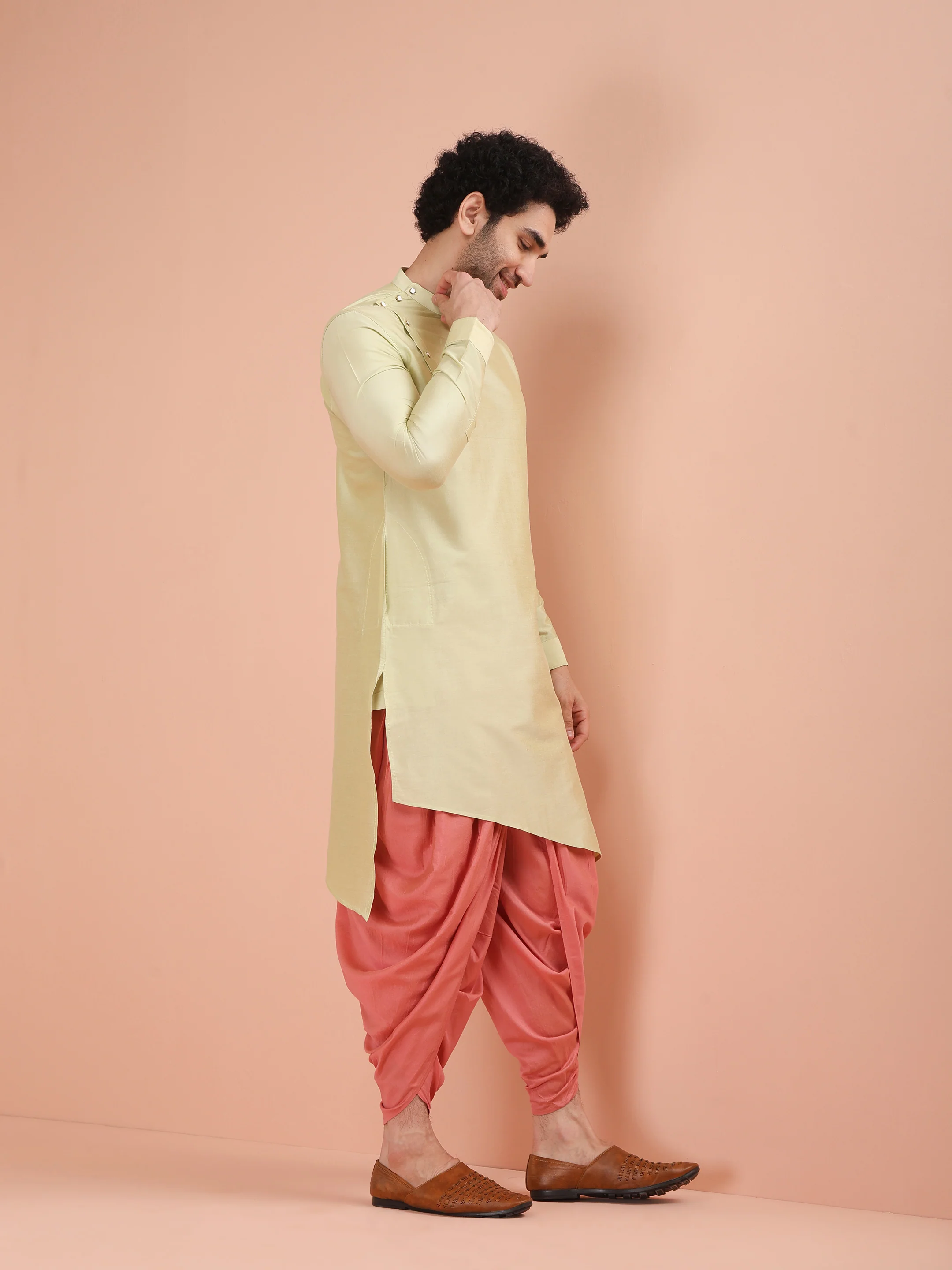 Light Green Asymmetrical Silk Kurta - Image 2