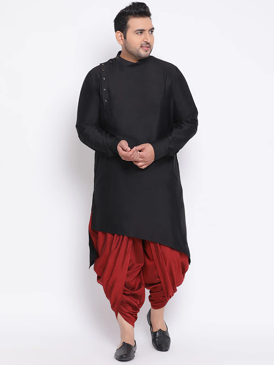 Men Black Solid Asymmetrical Kurta Dhoti Set
