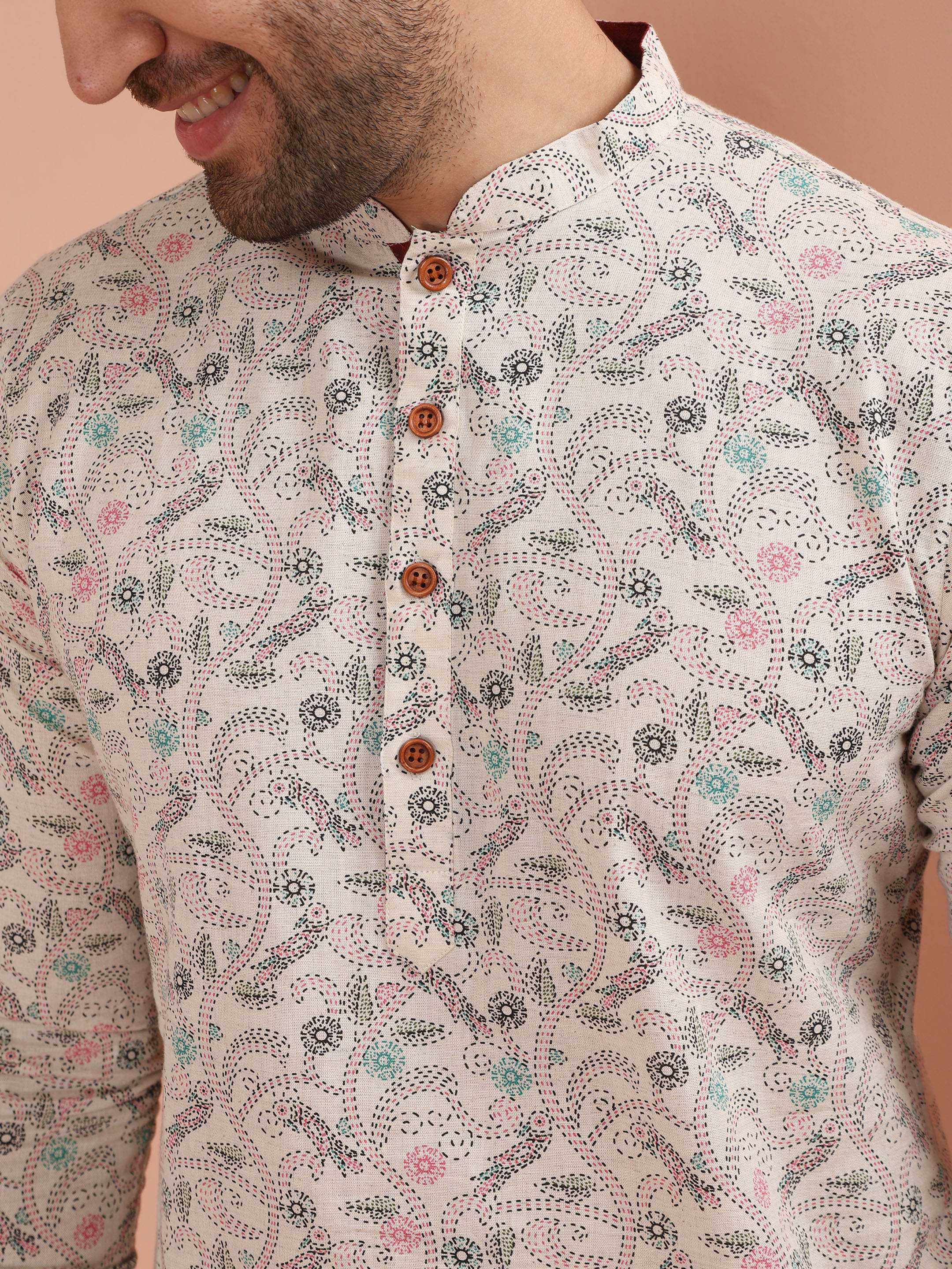 Beige Cotton Kurta Set with Multicolor Kantha-Inspired Prints and Green Dhoti Pants - Image 6