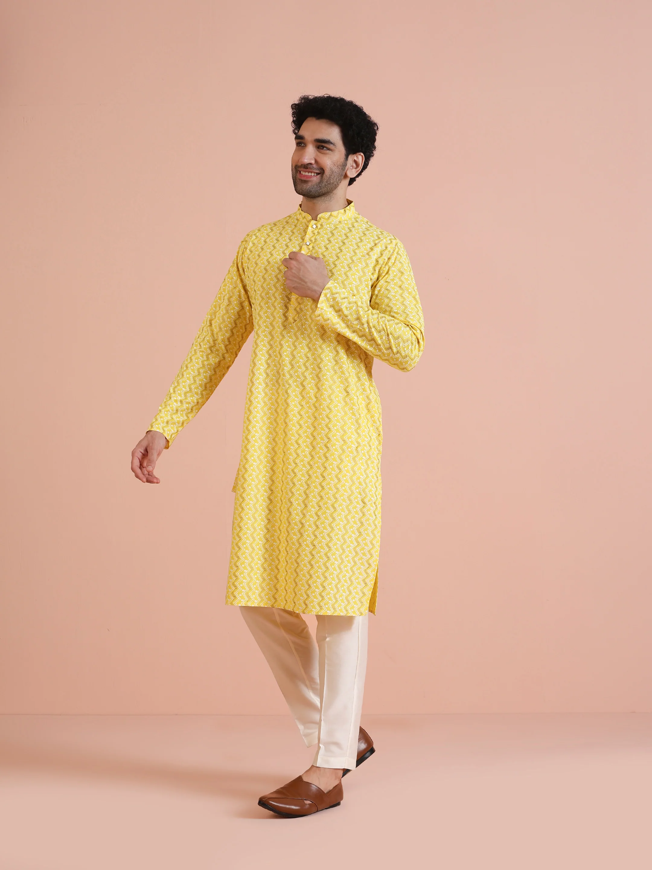 Yellow Silk Blend Kurta Set with Geometric Woven Pattern and Cream Trousers – Festive & Wedding Ensemble