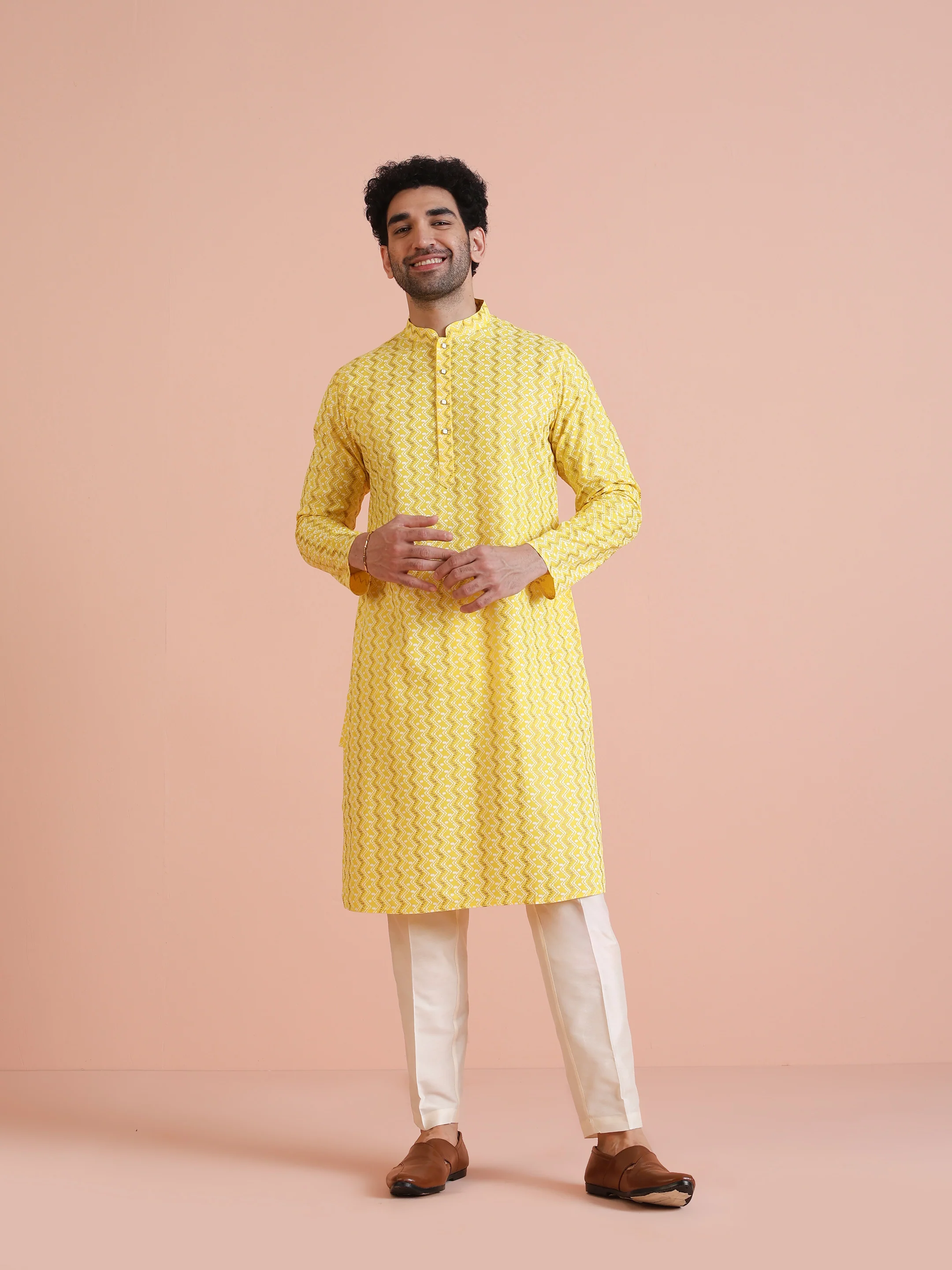 Yellow Silk Blend Kurta Set with Geometric Woven Pattern and Cream Trousers – Festive & Wedding Ensemble - Image 3