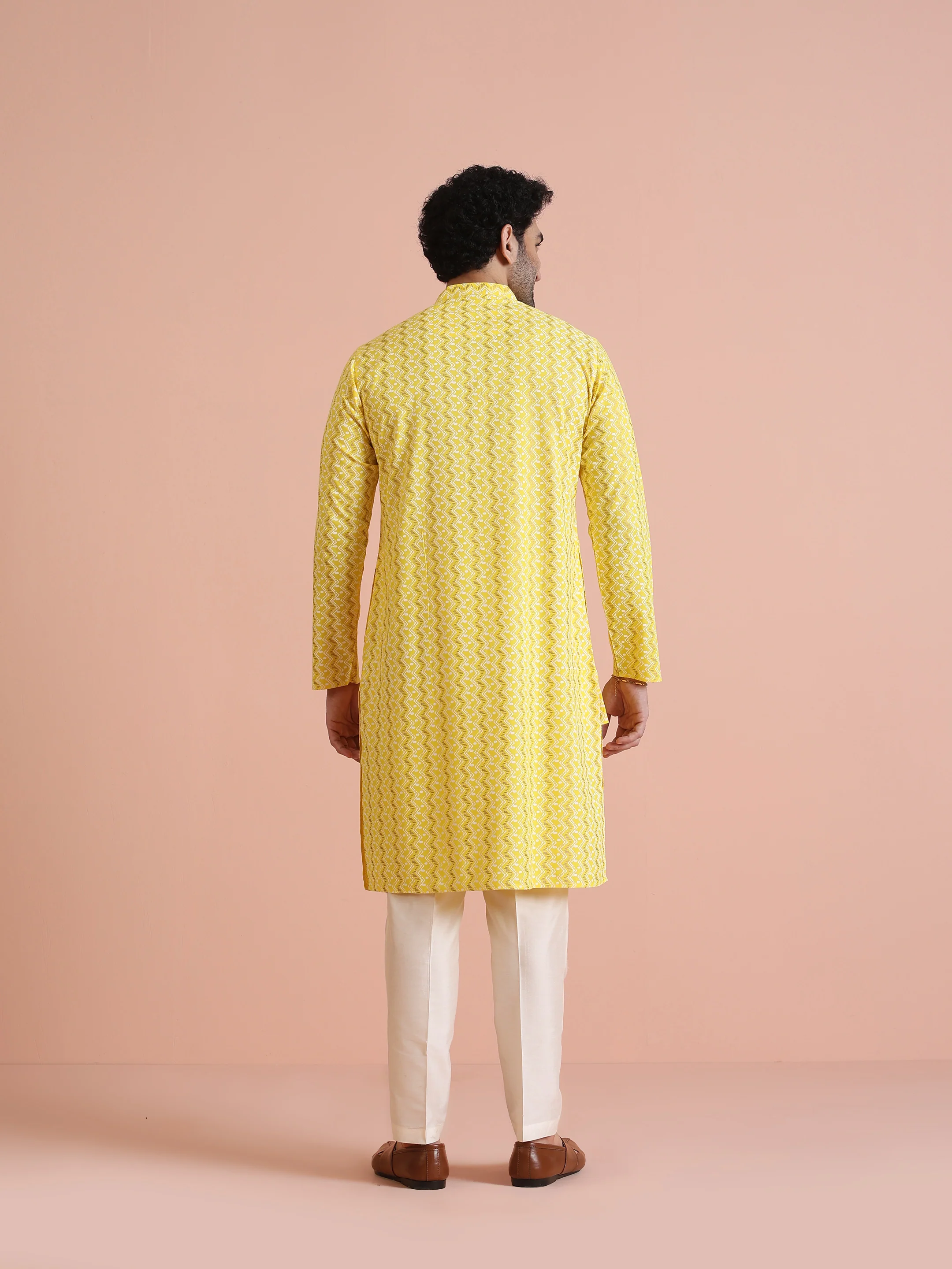 Yellow Silk Blend Kurta Set with Geometric Woven Pattern and Cream Trousers – Festive & Wedding Ensemble - Image 4