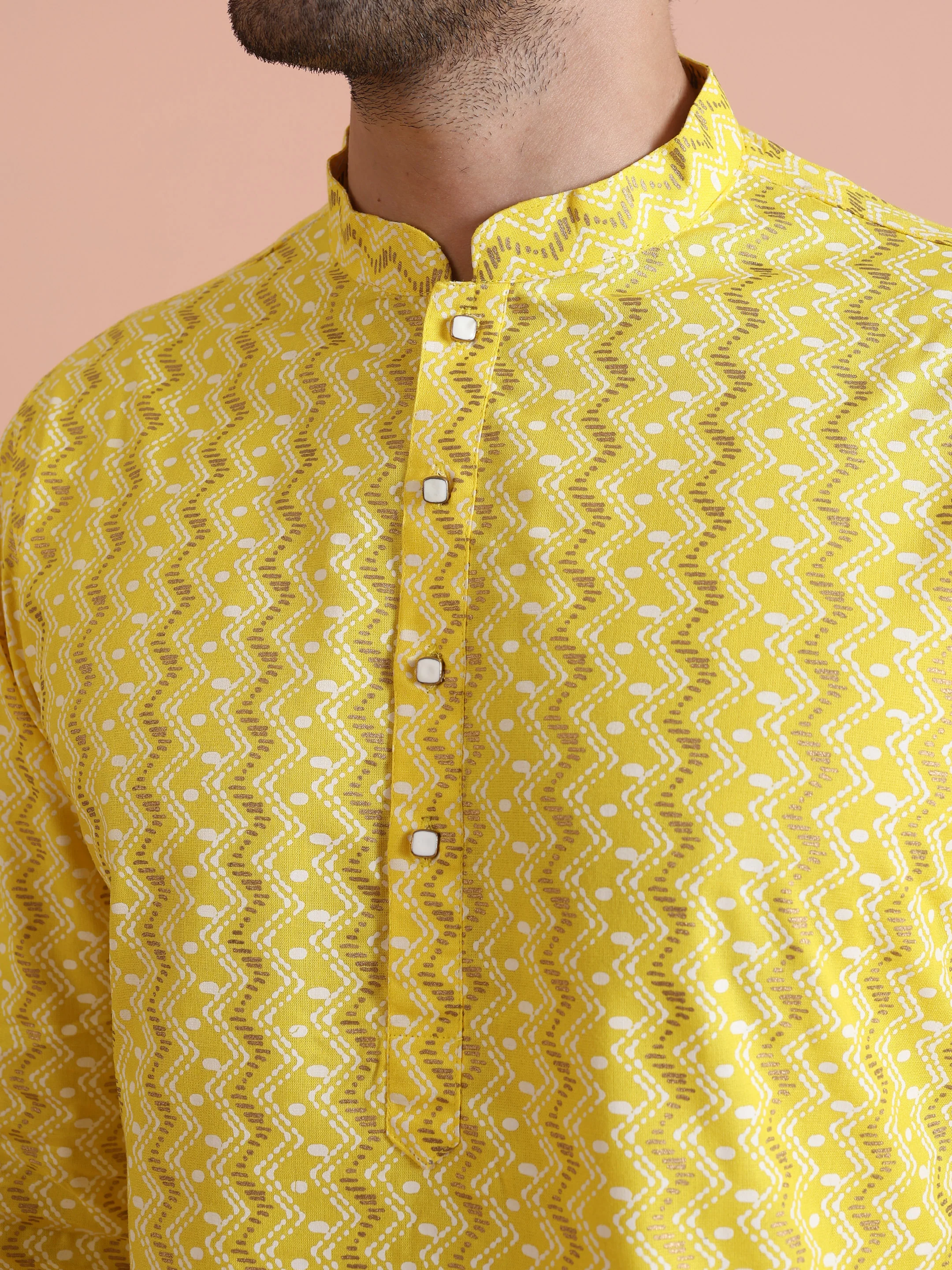 Yellow Silk Blend Kurta Set with Geometric Woven Pattern and Cream Trousers – Festive & Wedding Ensemble - Image 5