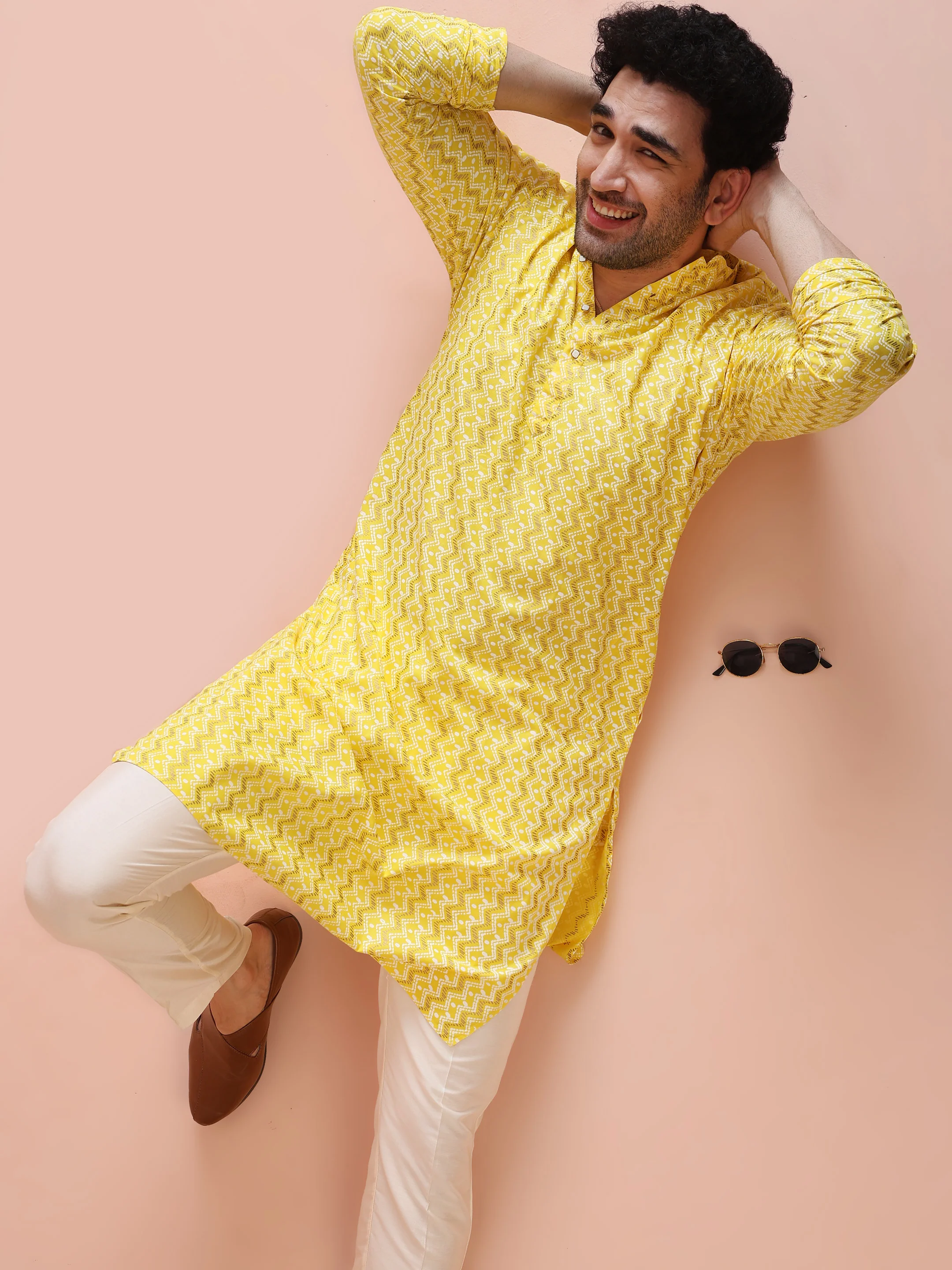 Yellow Silk Blend Kurta Set with Geometric Woven Pattern and Cream Trousers – Festive & Wedding Ensemble - Image 7