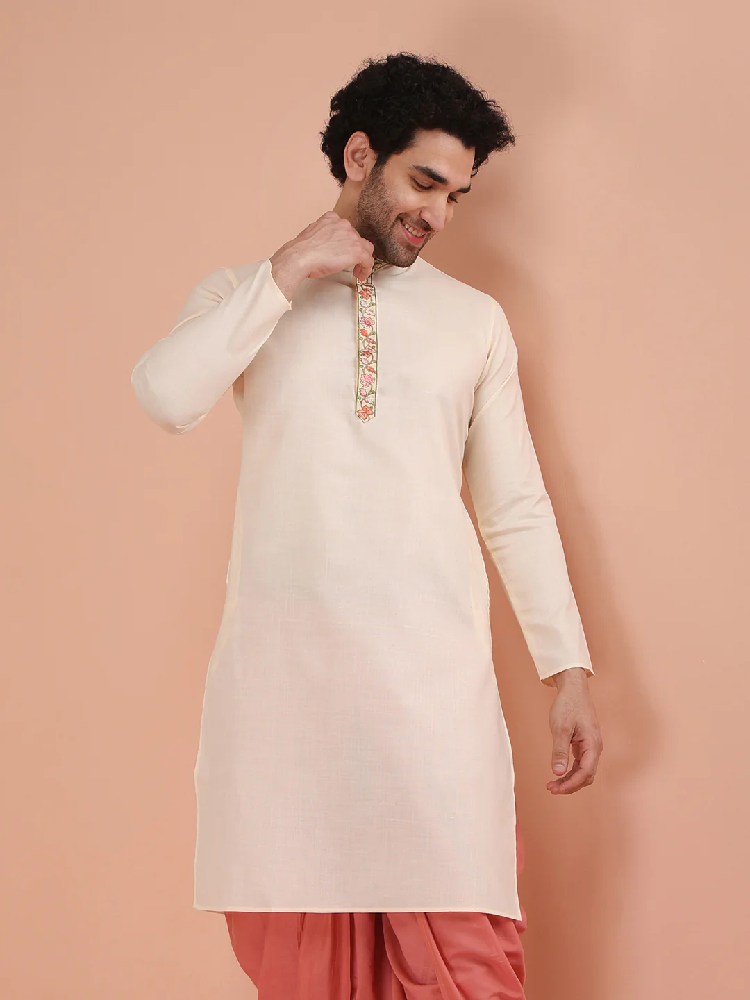 Cream Kurta with Embroidered Placket