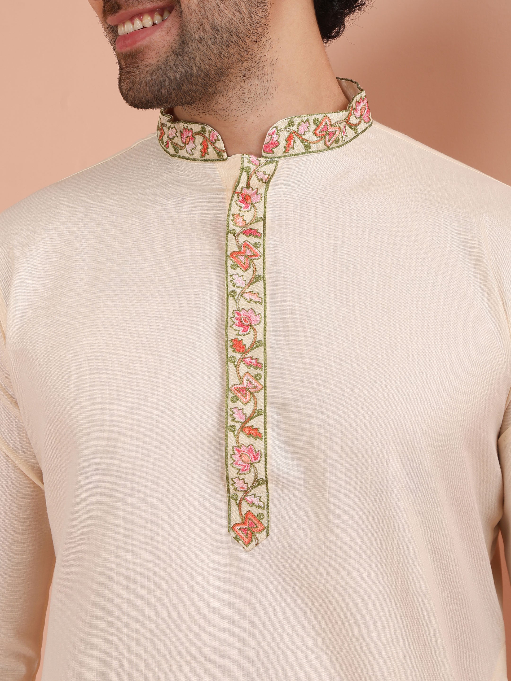 Cream Kurta with Embroidered Placket - Image 4