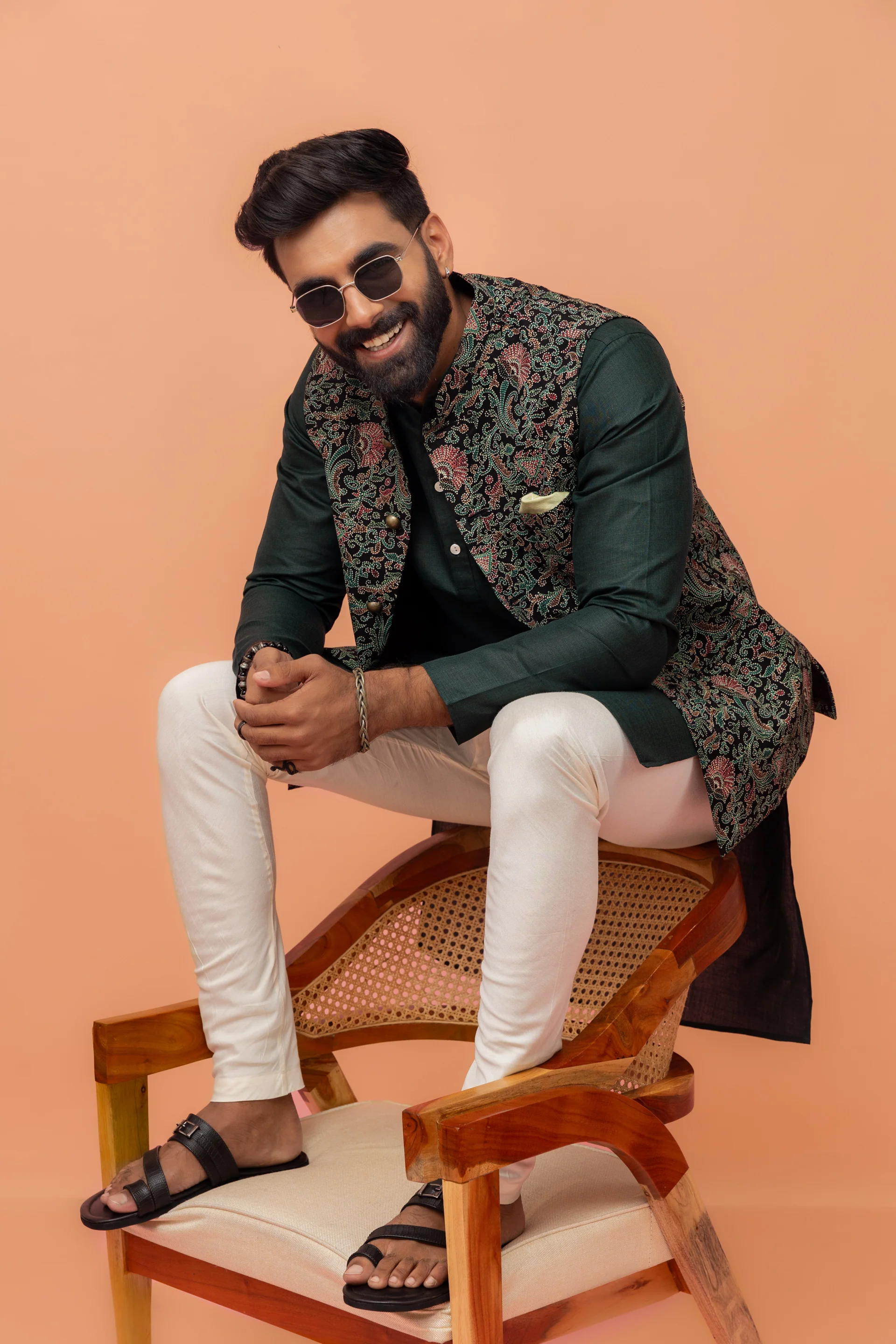 Multi Colour Printed Jacket Kurta Churidar Set