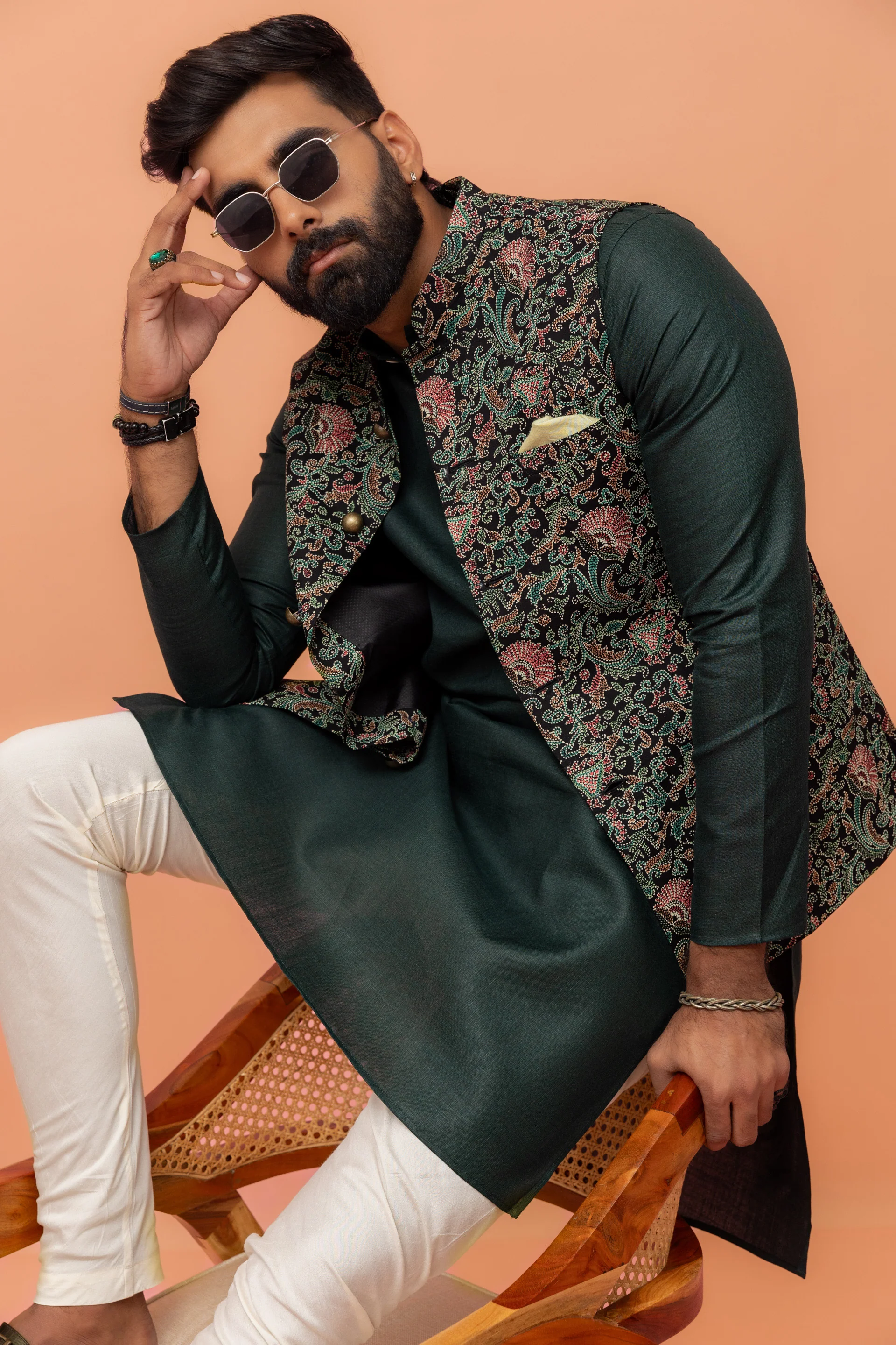 Multi Colour Printed Jacket Kurta Churidar Set - Image 7