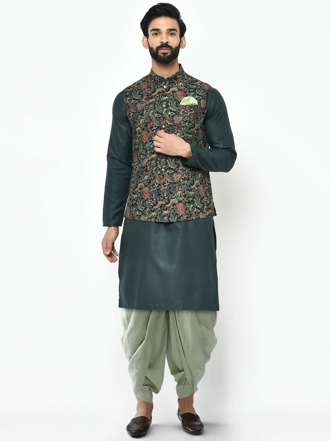 Multi-Coloured Cotton Silk Printed Nehru Jacket Kurta Dhoti