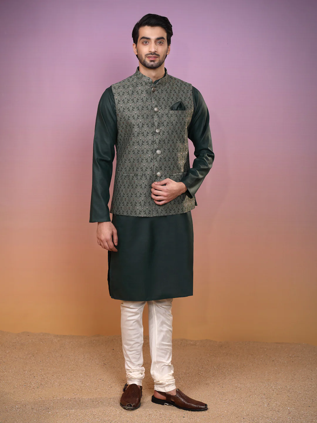 Green Jacquard Silk Blend Nehru Jacket Kurta Churidar Set