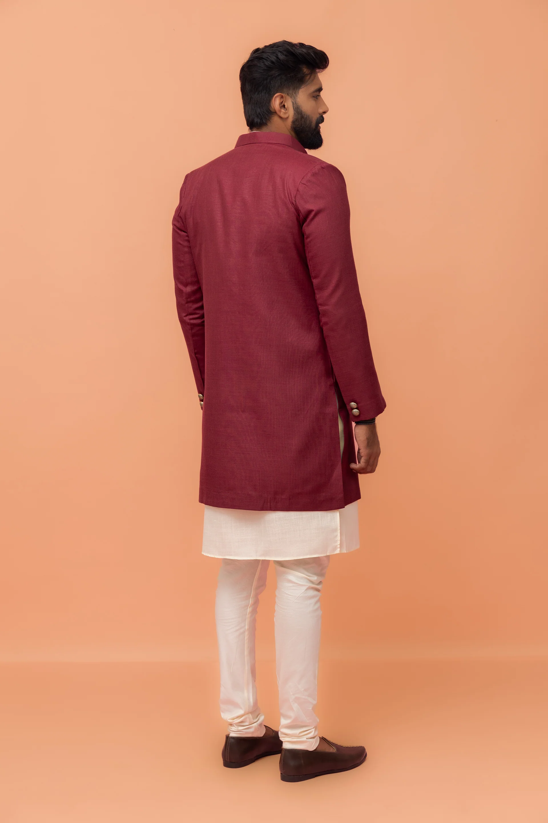 Wine Cotton Silk Sherwani Kurta Churidar Set - Image 4