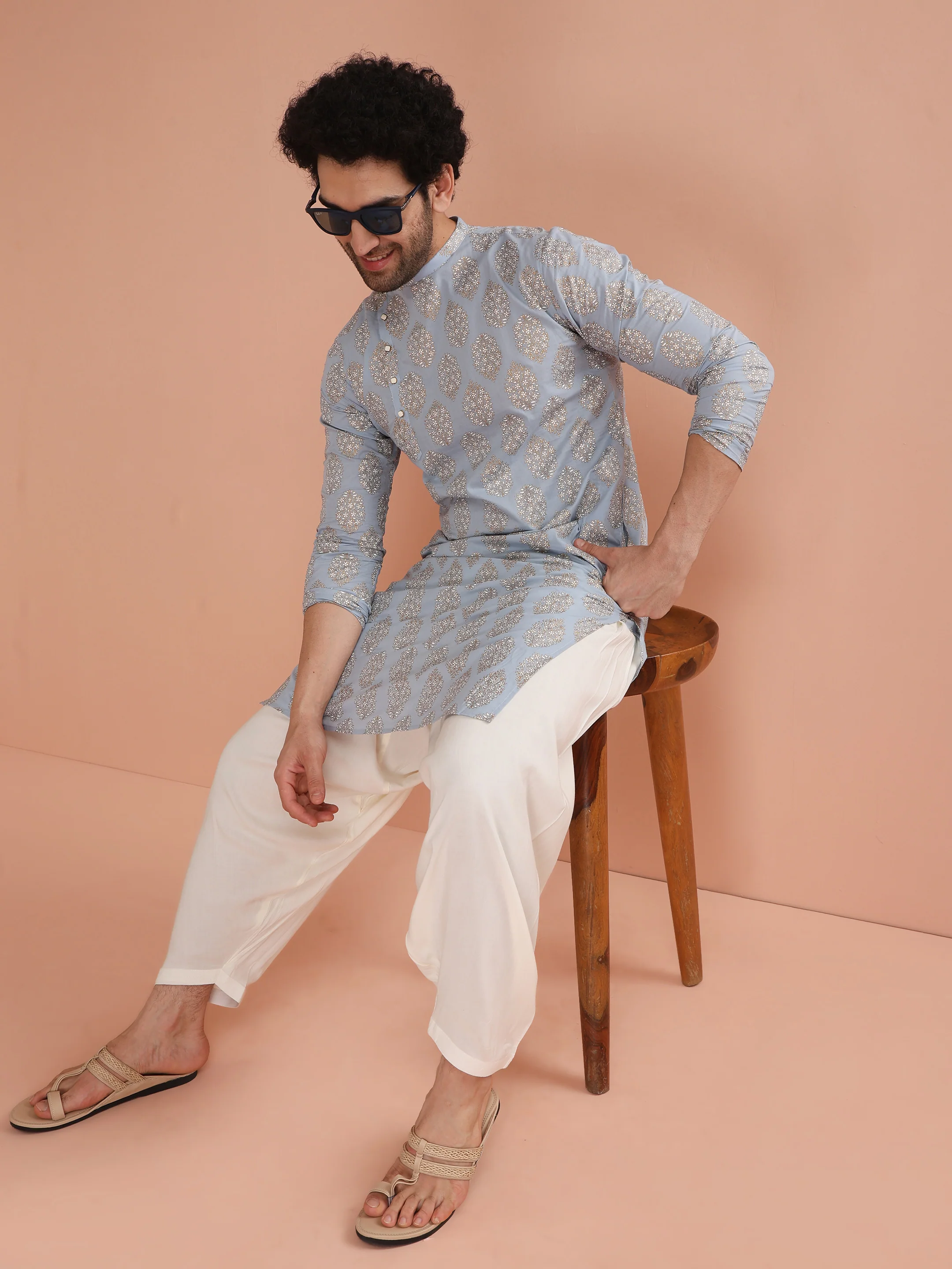 Sky Blue Printed Kurta Cream Patiala Set