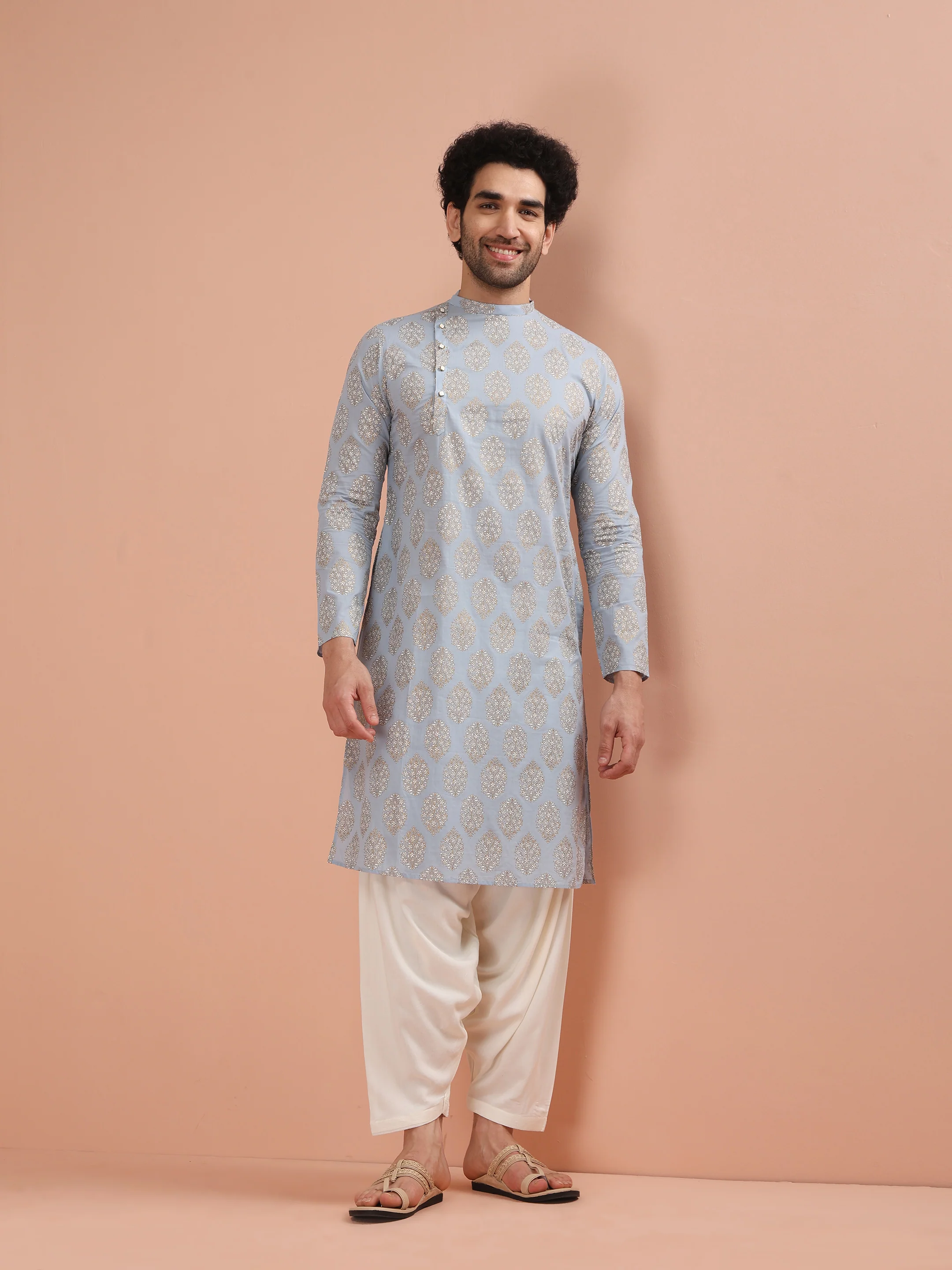 Sky Blue Printed Kurta Cream Patiala Set - Image 8