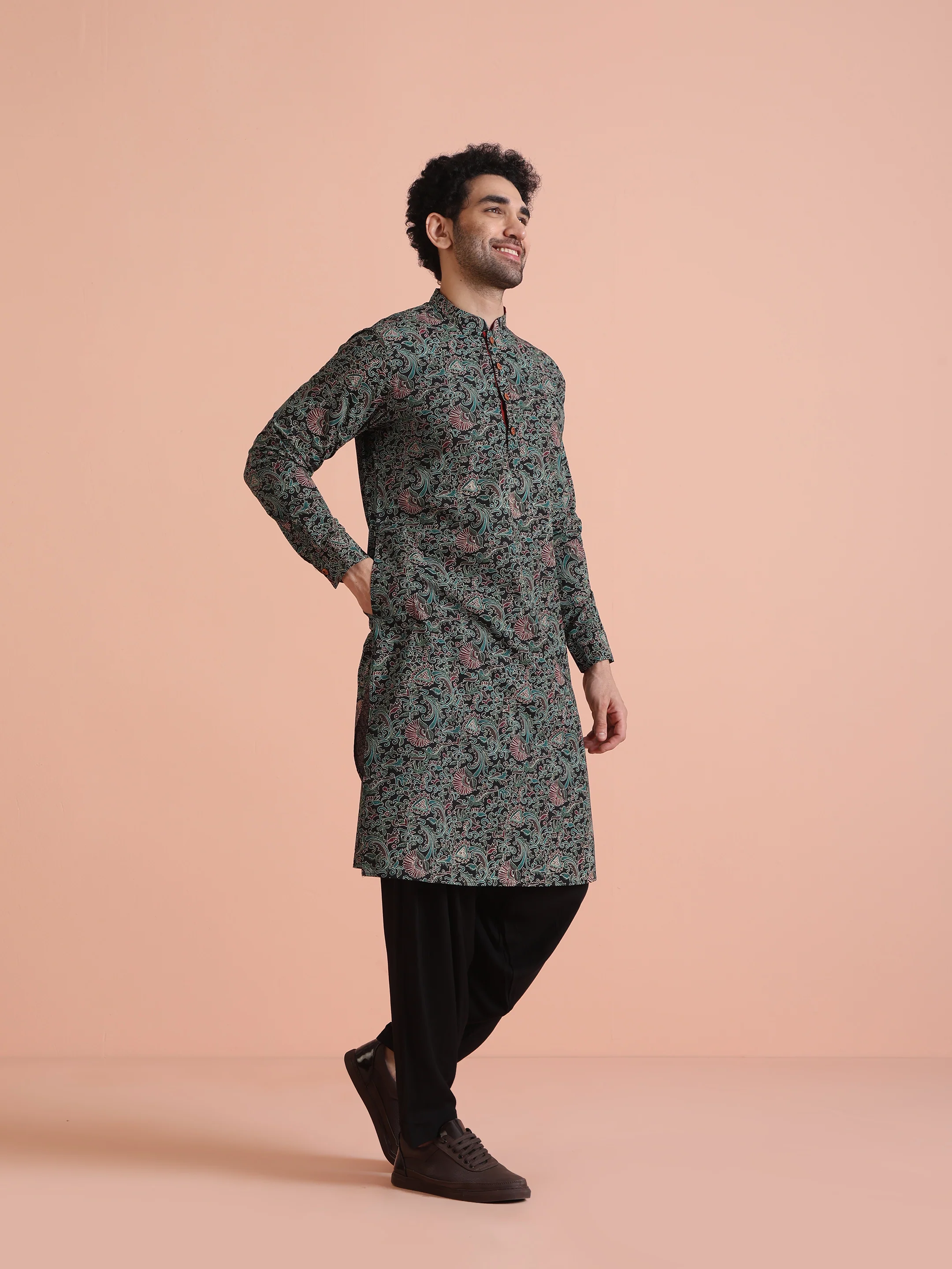 Black Cotton Printed Kurta Patiyala Set - Image 2
