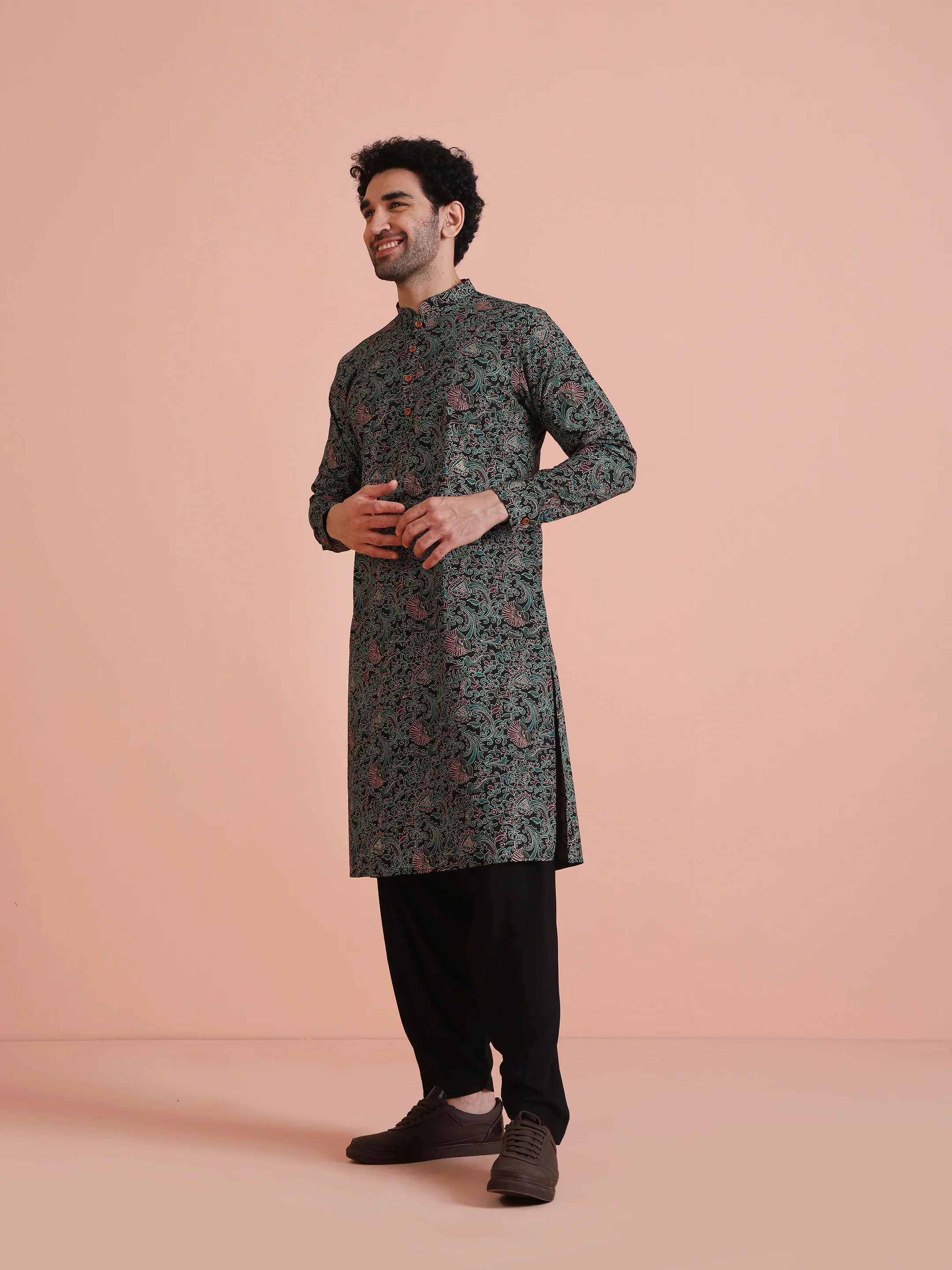 Black Cotton Printed Kurta Patiyala Set - Image 3