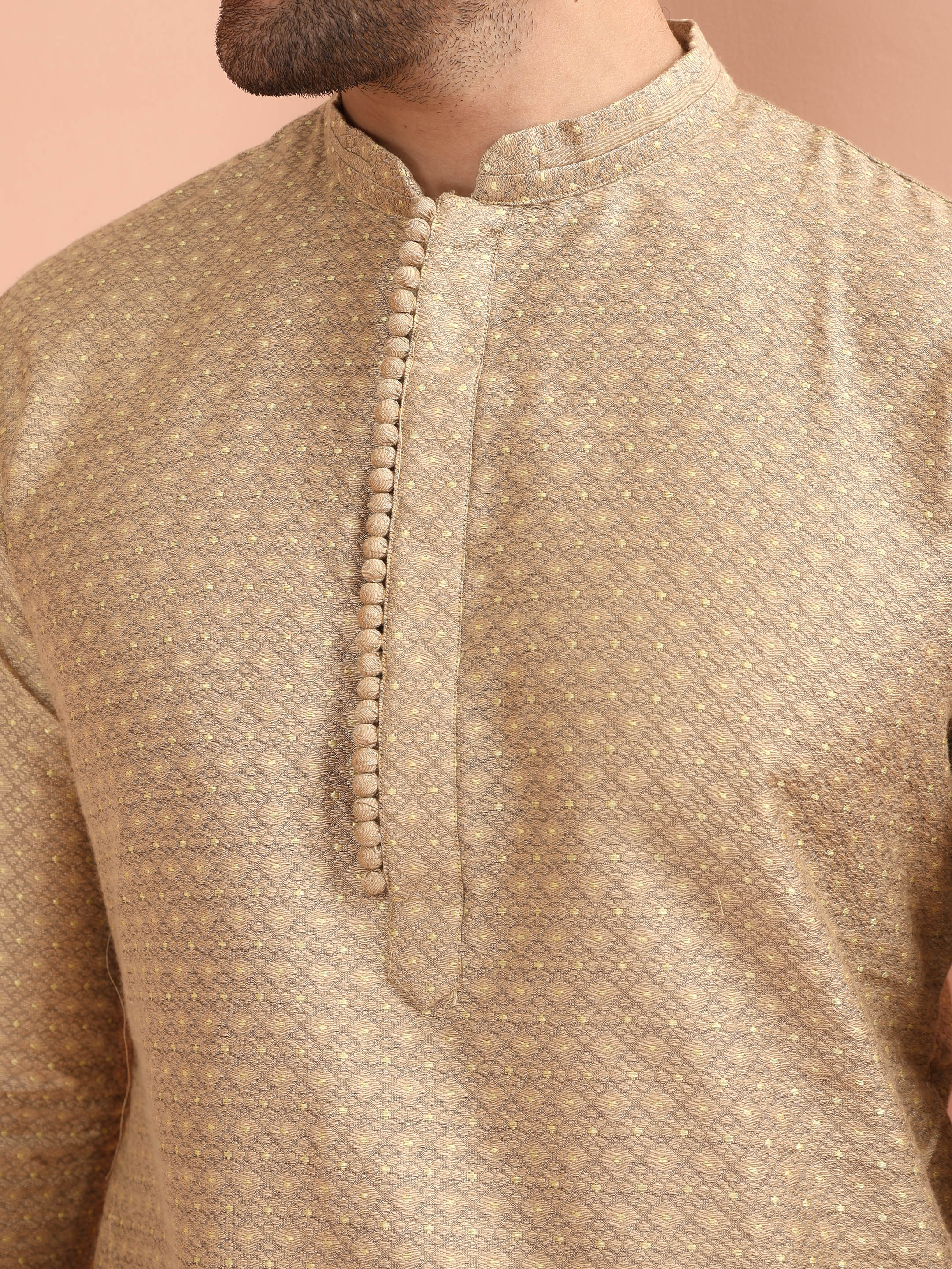 Beige Silk Blend Textured Kurta Cream Churidar - Image 5