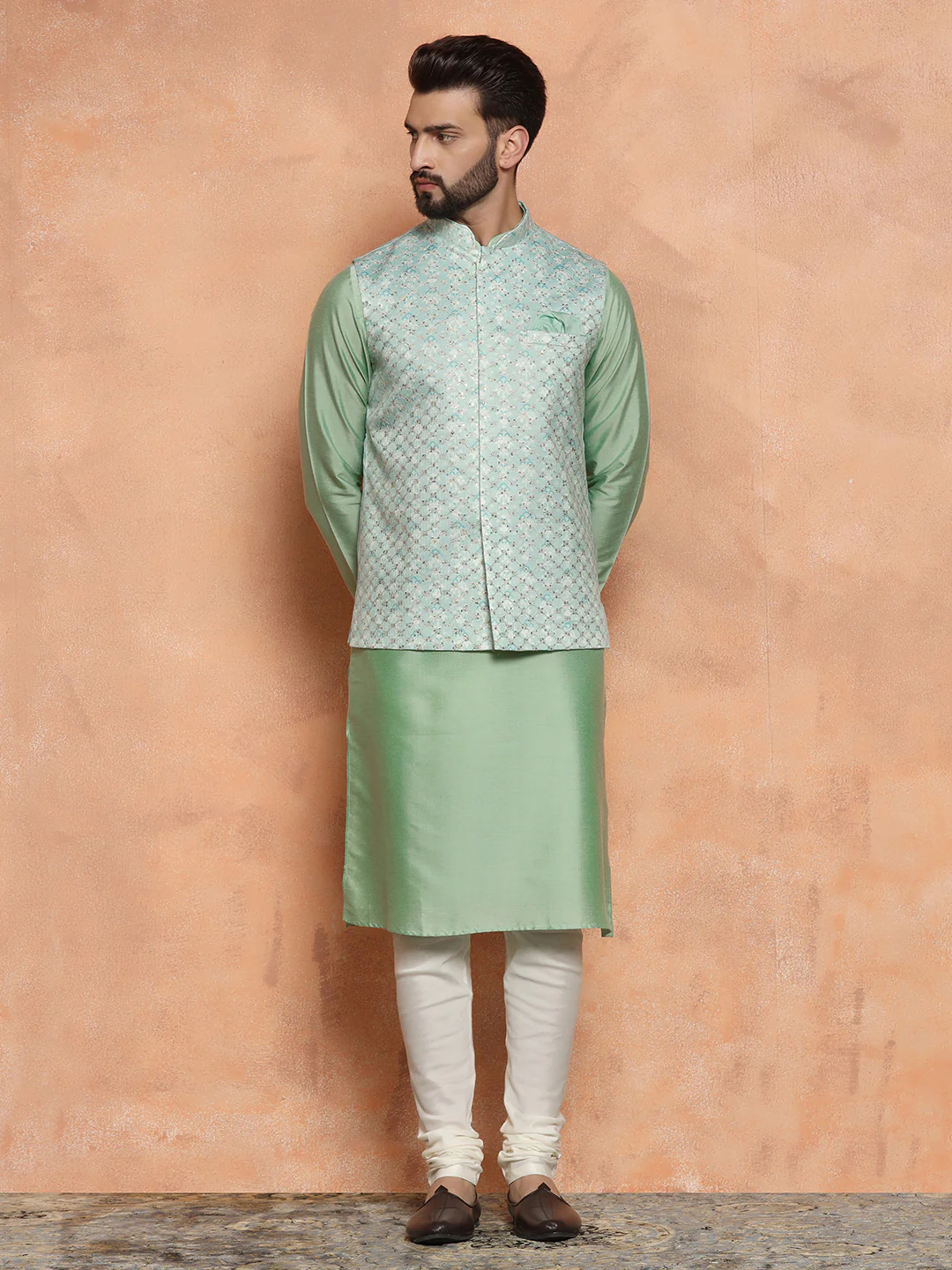 Mint Green Kurta with Jacquard Jacket & Churidar