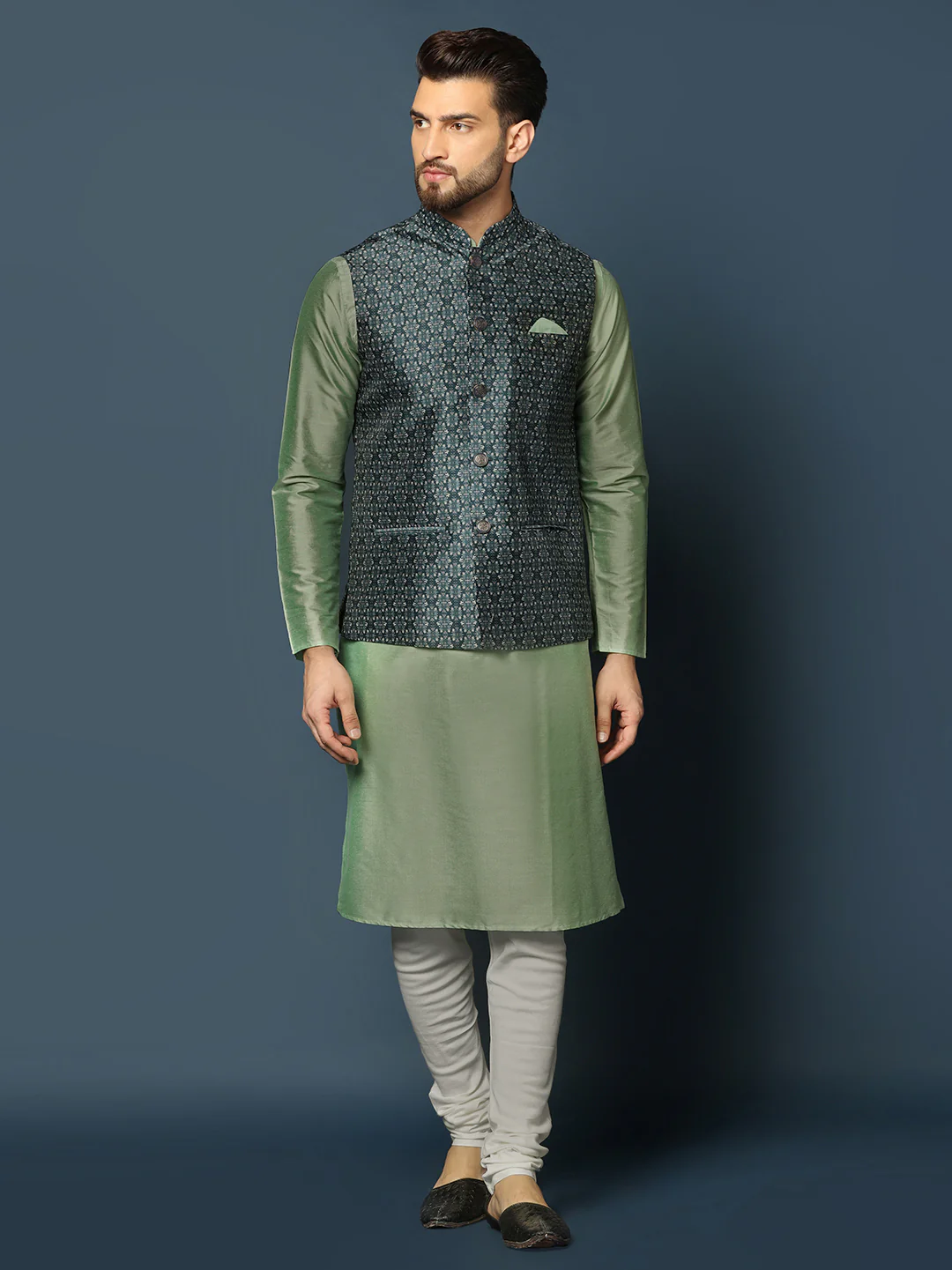 Men's Teal Kurta Jacket Churidar Set