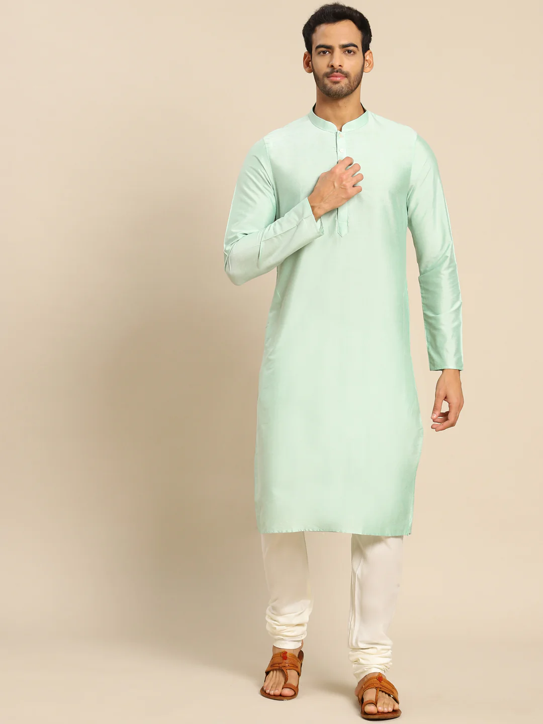 Mint Green Silk Blend Kurta Churidar Set