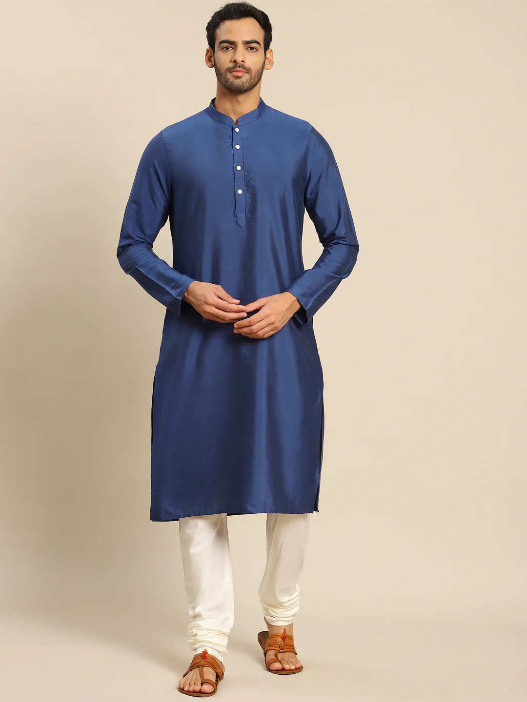 Navy Blue Silk Blend Solid Long Kurta
