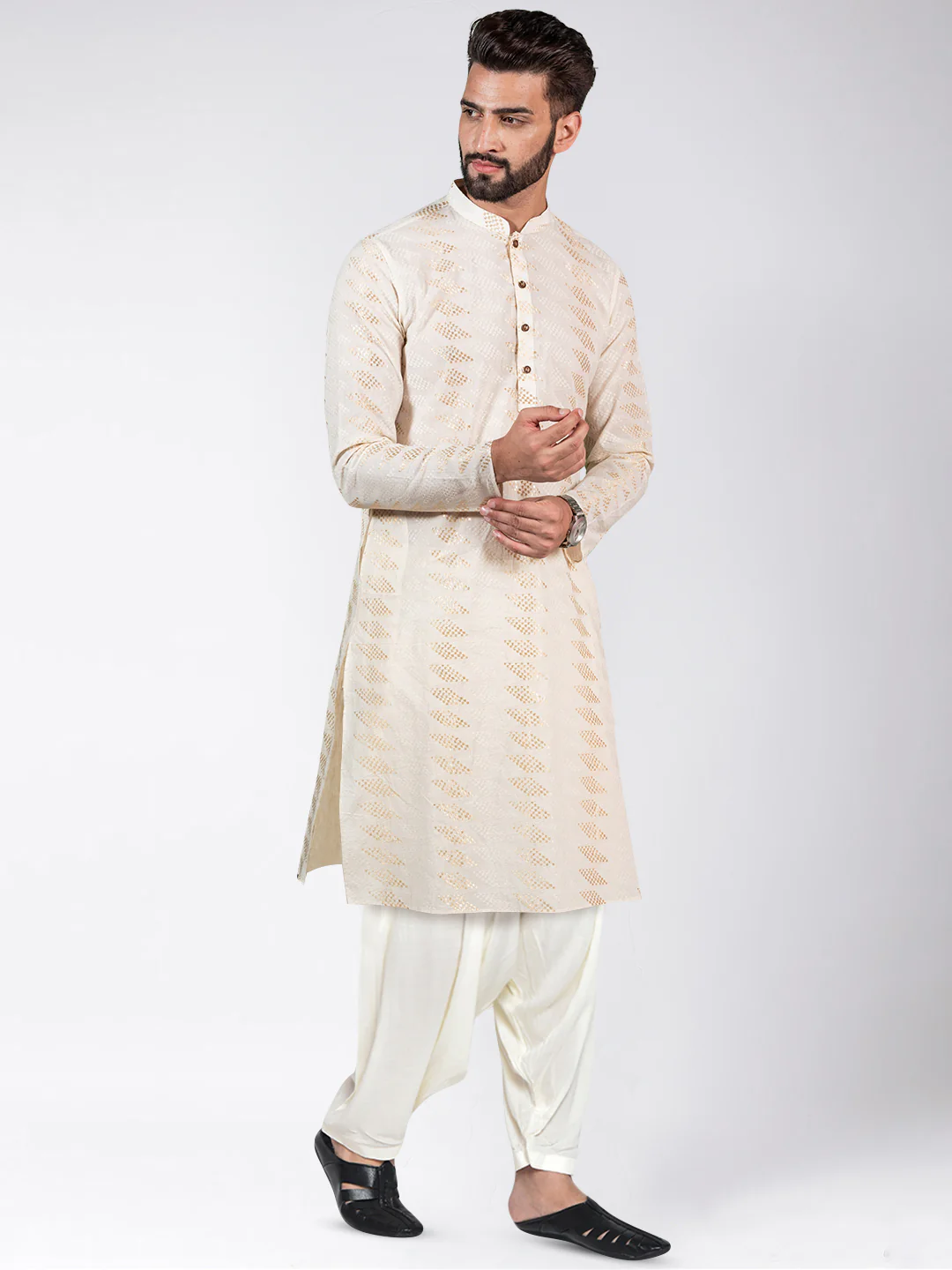 Cream Silk Blend Geometric Kurta Patiyala - Image 2