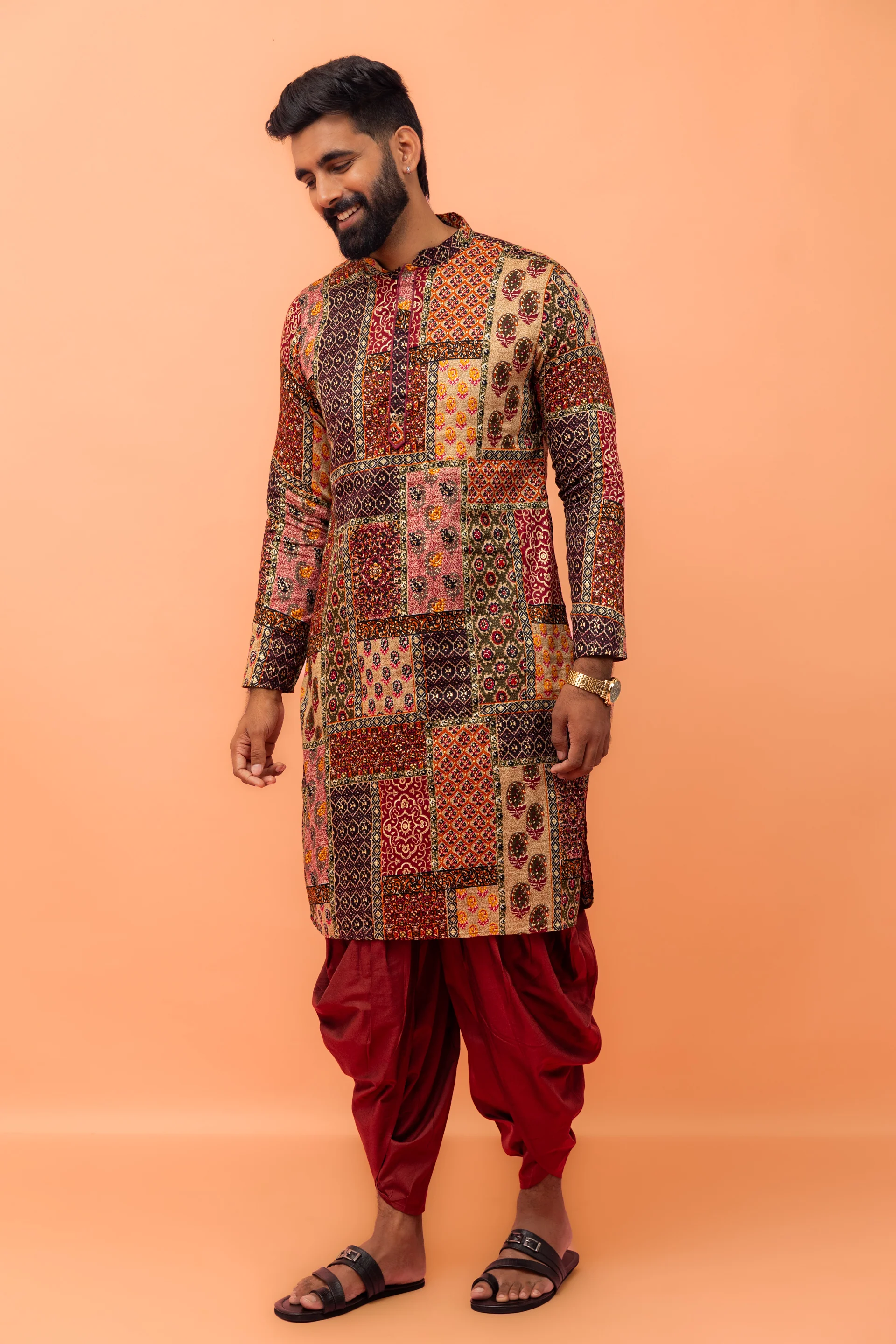 Men Multi-Color Patchwork Printed Kurta with Maroon Dhoti Set - Image 4