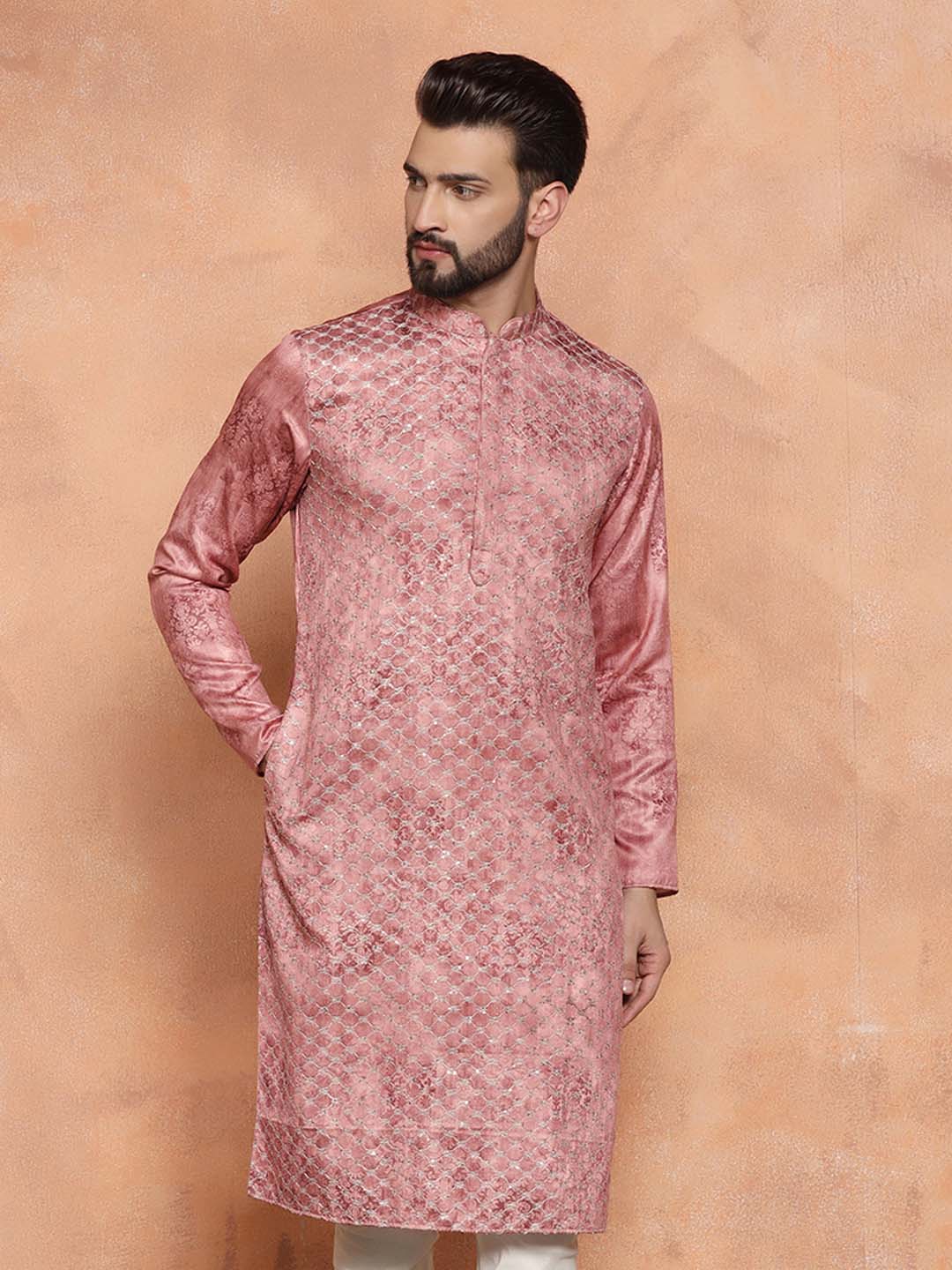 Pink Cotton Blend Embroidered Long Kurta - Image 3