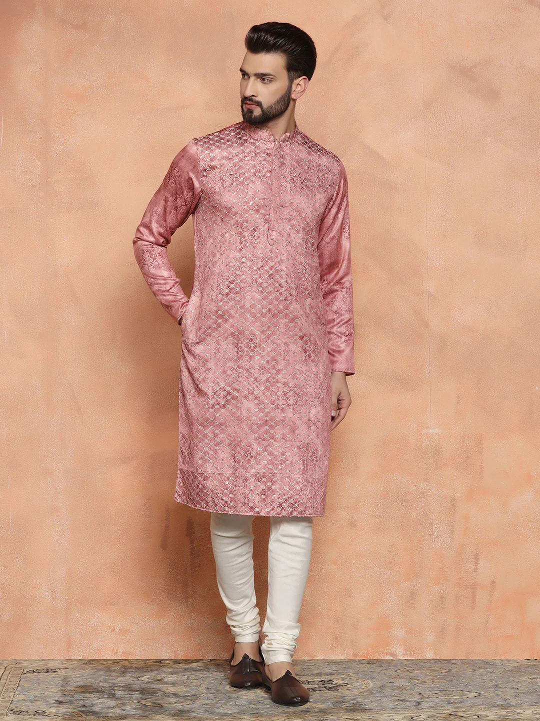 Pink Cotton Blend Embroidered Long Kurta - Image 4
