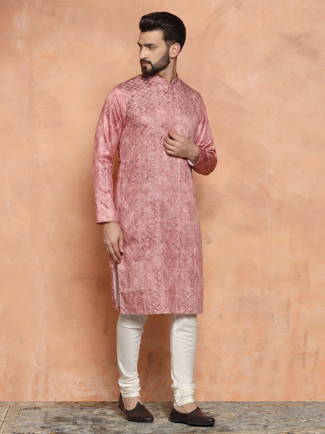 Pink Cotton Blend Embroidered Long Kurta - Image 5