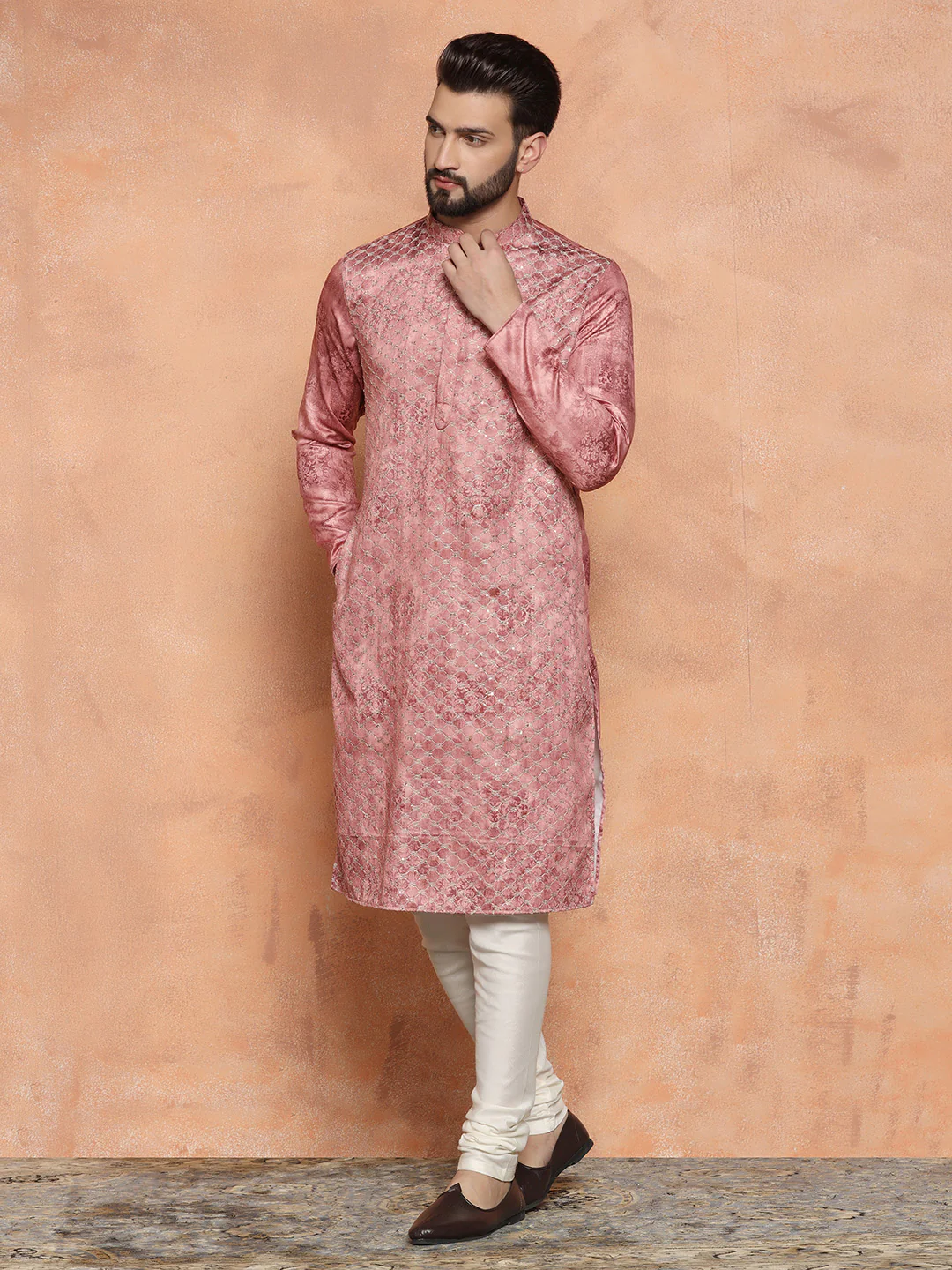 Pink Cotton Blend Embroidered Long Kurta - Image 6