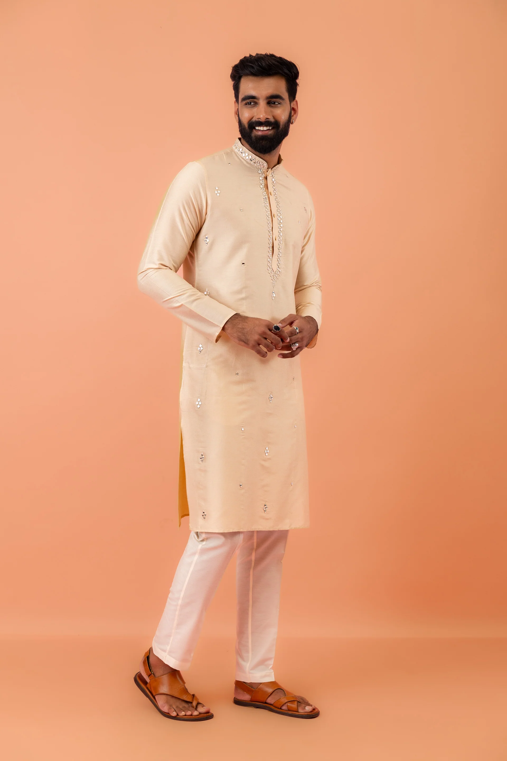 Beige Cotton Blend Mirror Work Kurta Trouser - Image 3