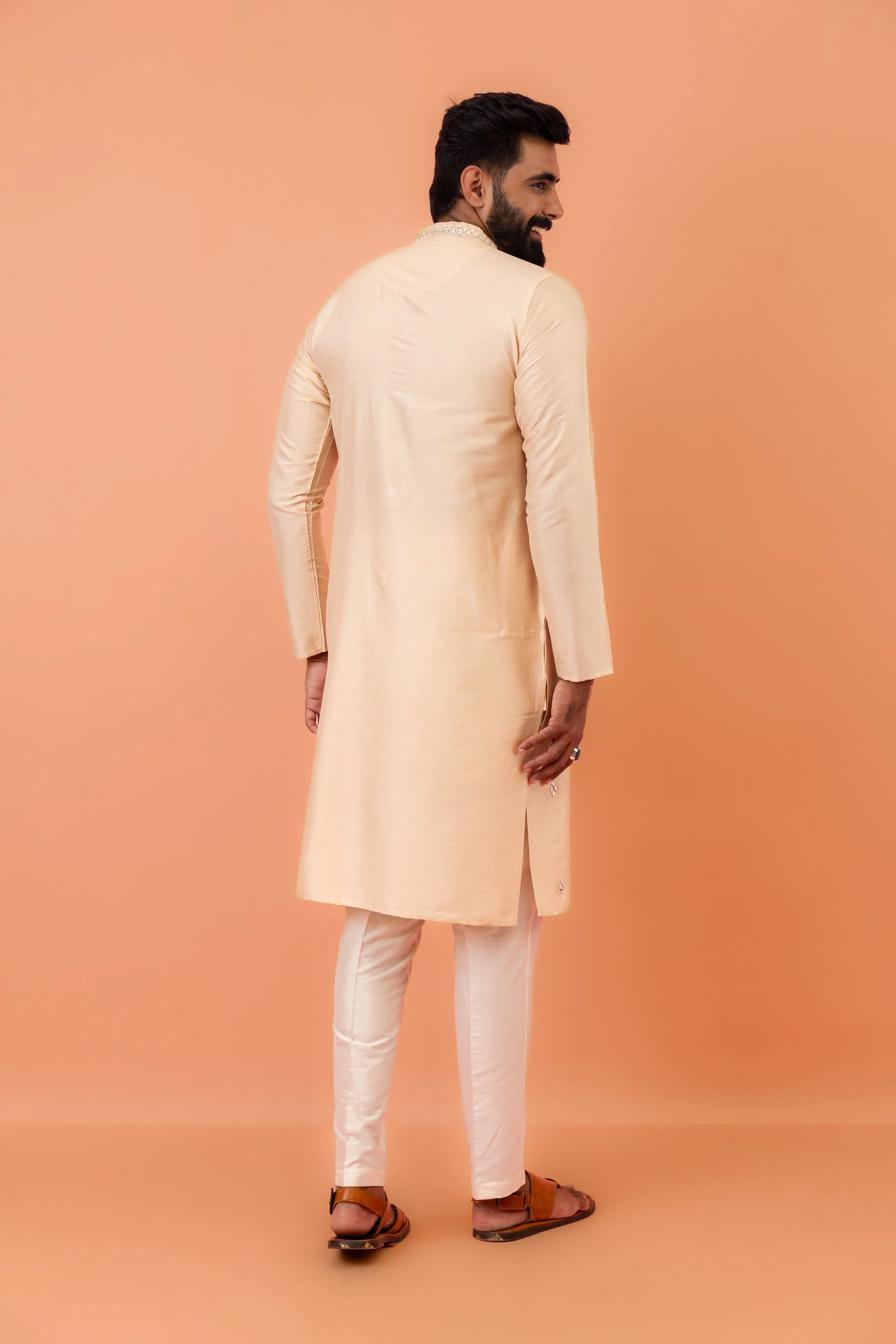 Beige Cotton Blend Mirror Work Kurta Trouser - Image 4
