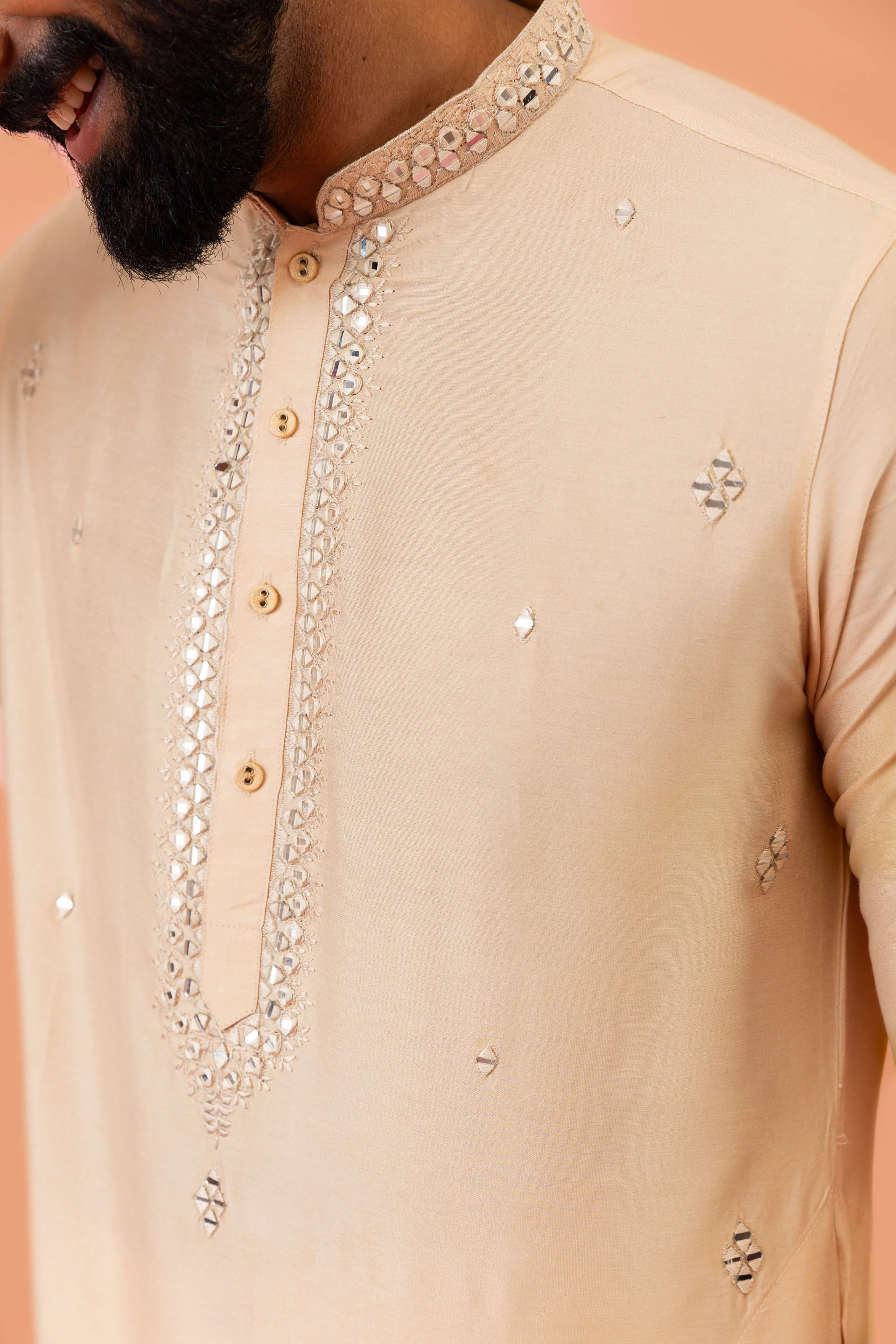 Beige Cotton Blend Mirror Work Kurta Trouser - Image 5