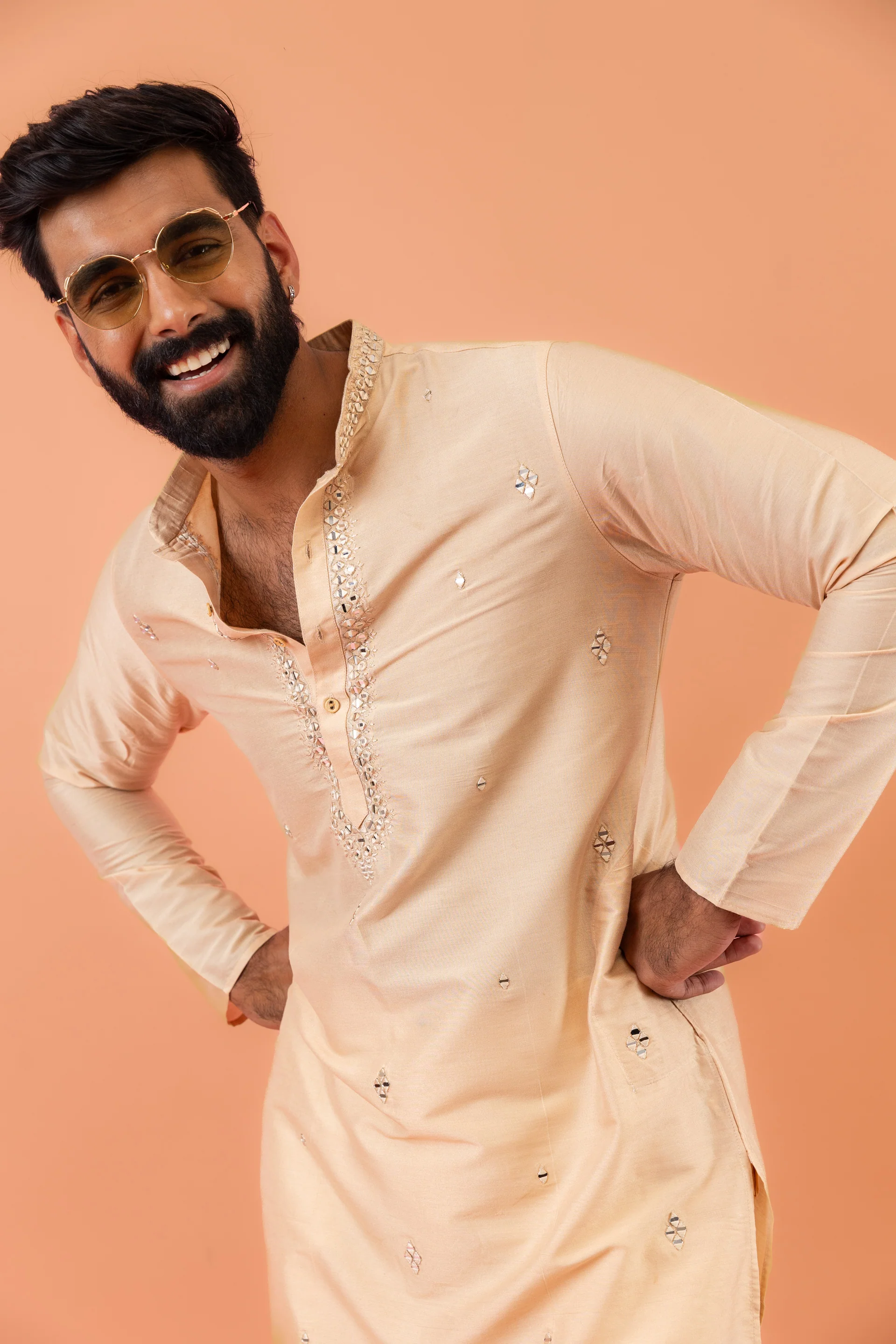 Beige Cotton Blend Mirror Work Kurta Trouser - Image 7