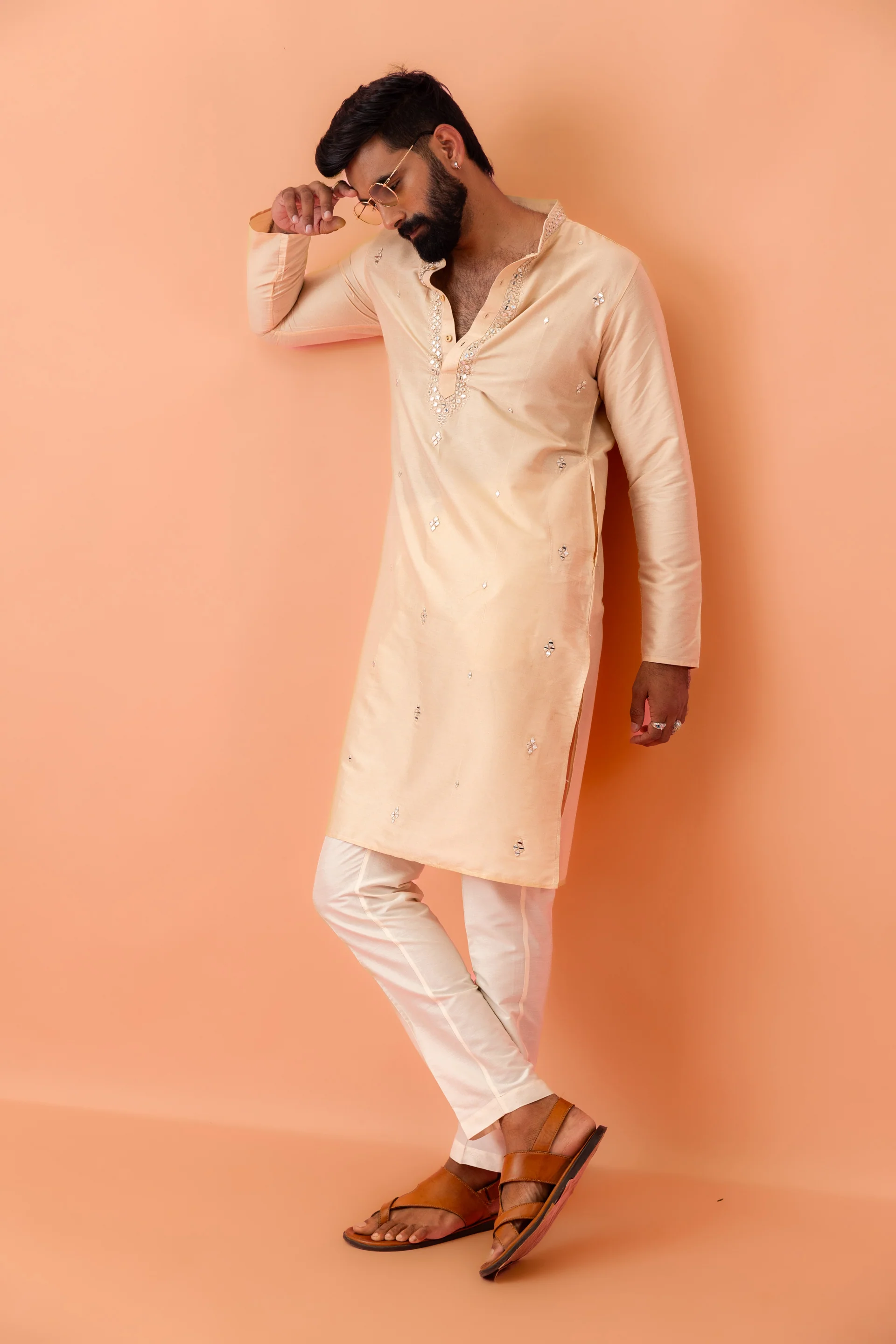 Beige Cotton Blend Mirror Work Kurta Trouser - Image 8