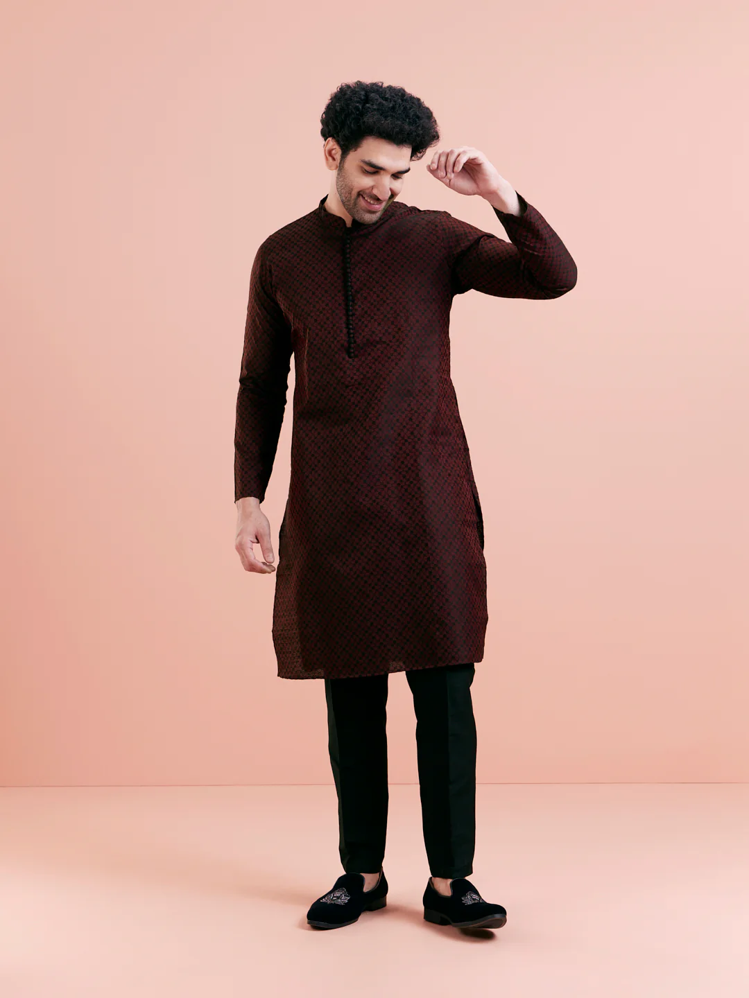 Maroon Textured Kurta Trouser Set