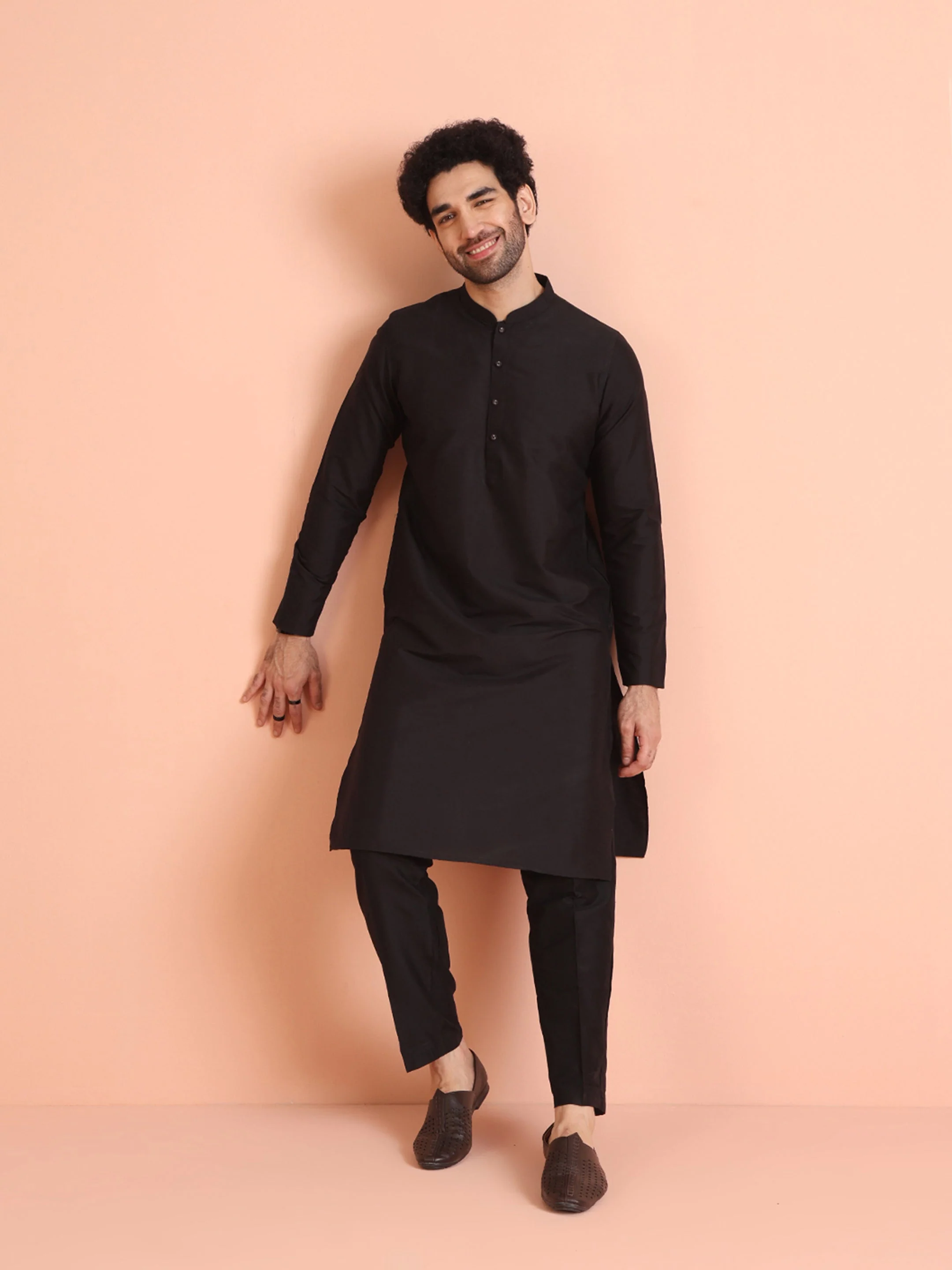 Black Cotton Plain Kurta - Image 7