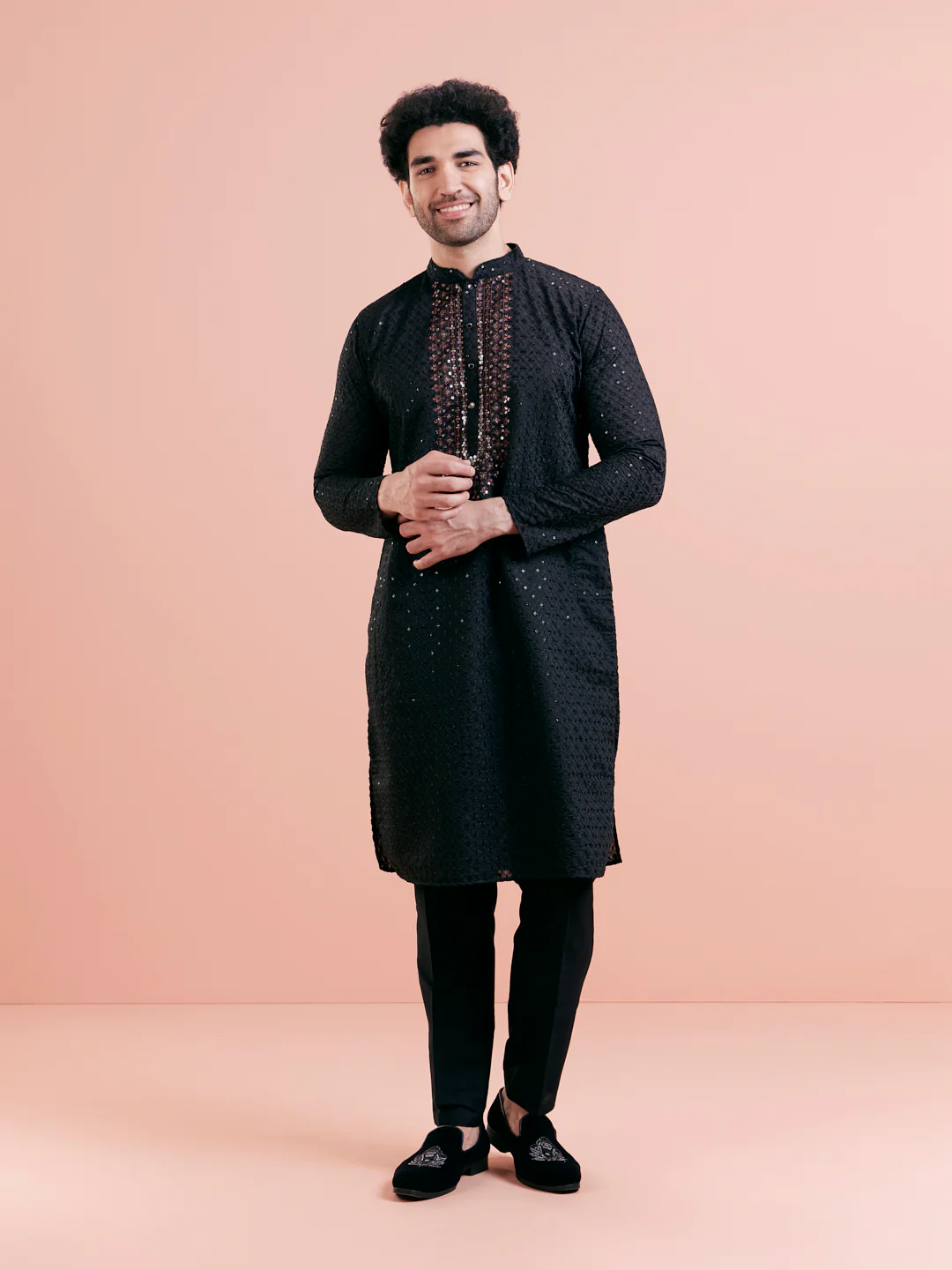 Black Cotton Blend Embroidered Long Kurta set